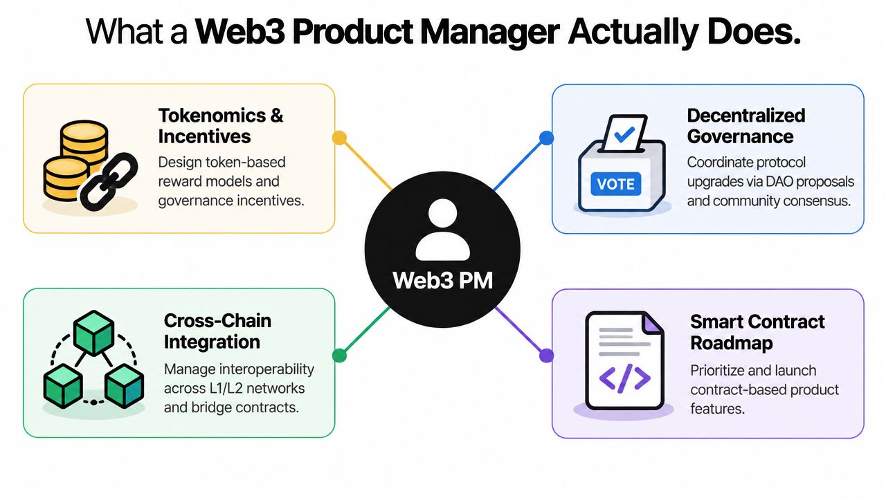 An infographic showing the four core responsibilities of a Web3 Product Manager in a decentralized ecosystem.