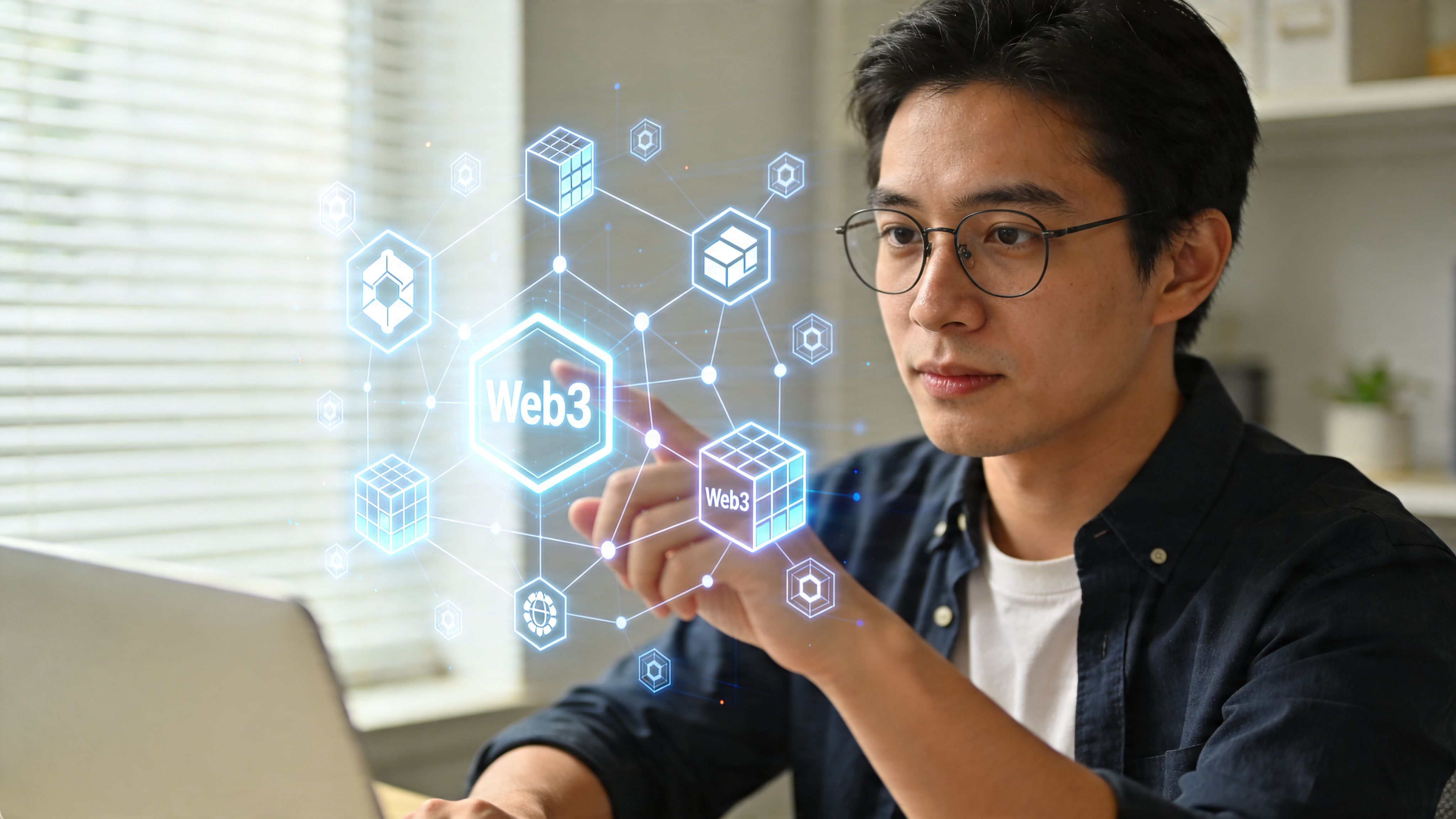 A focused Asian developer interacting with a glowing digital Web3 holographic interface in his modern office.