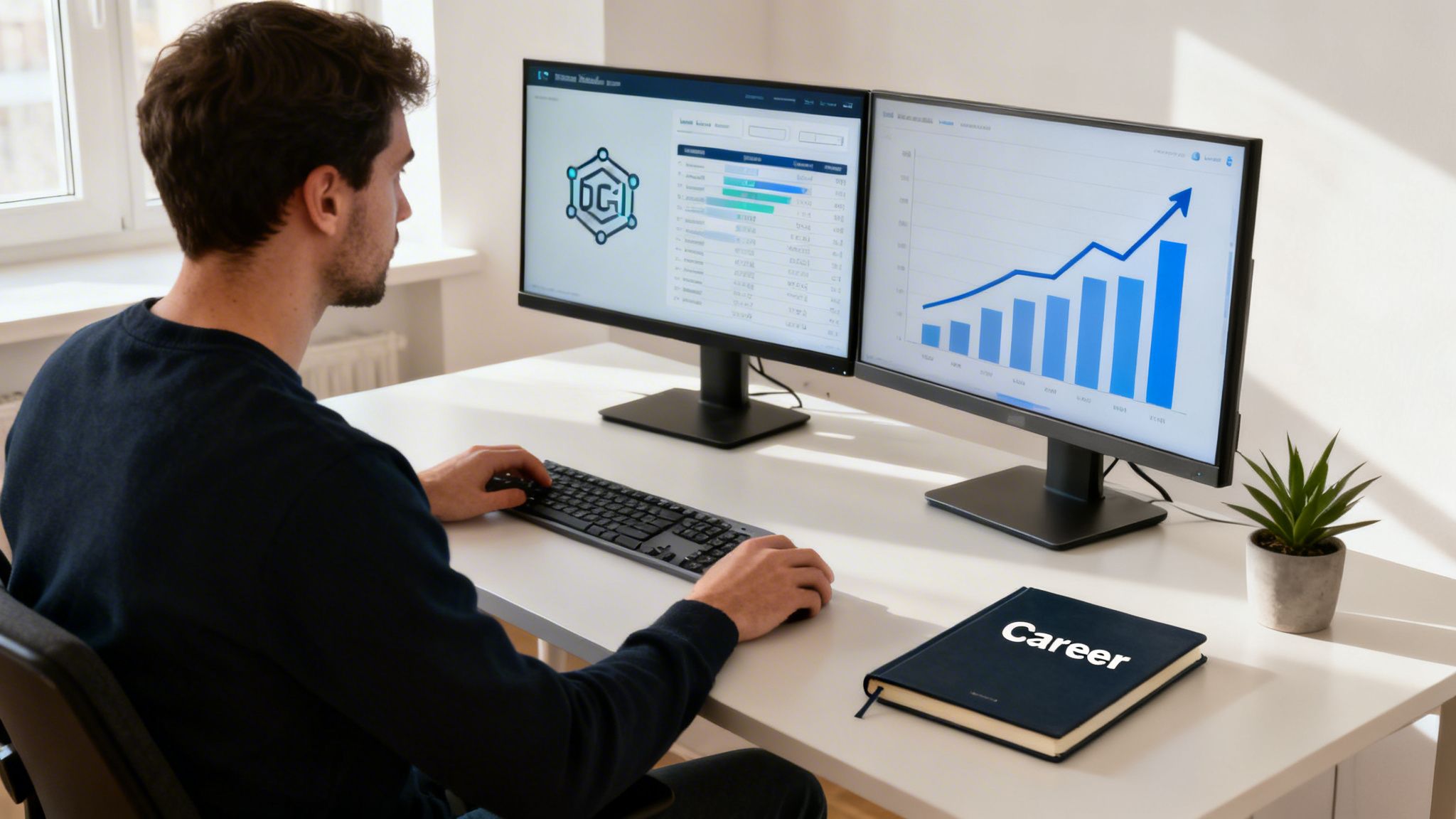 A man works at a desk with two computer monitors displaying business charts and data.
