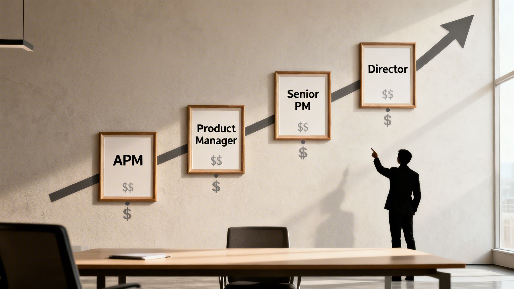 Visual representation of a product management career path on a wall, from APM to Director.
