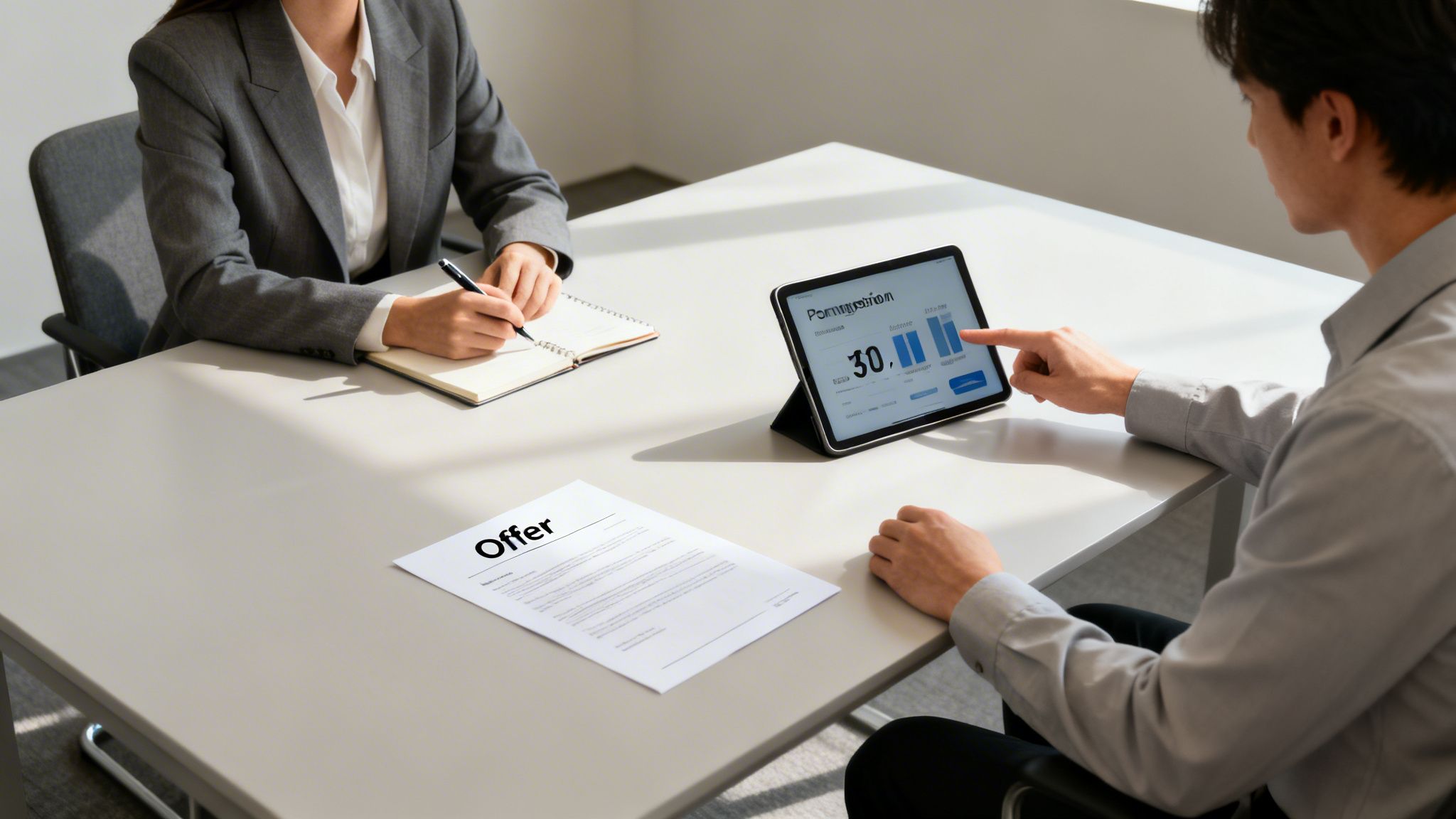 Two individuals at a table, one writing notes, another interacting with a tablet displaying charts.