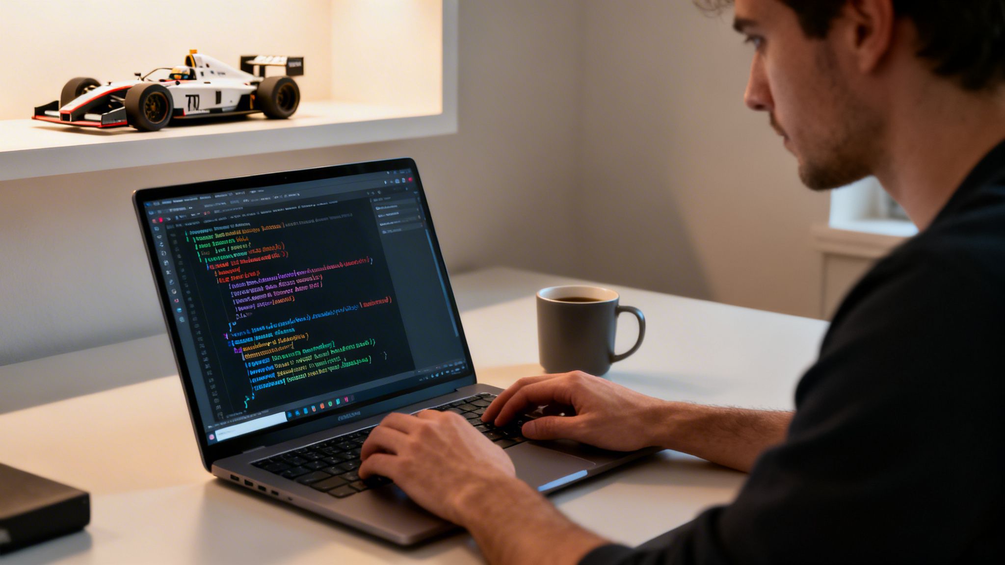 A male programmer focused on his laptop, displaying Rust code, with a coffee mug and model race car.