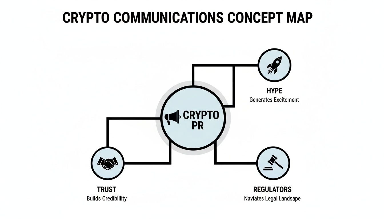 Concept map illustrating Crypto PR and its connections to hype, trust, and regulators in communications.