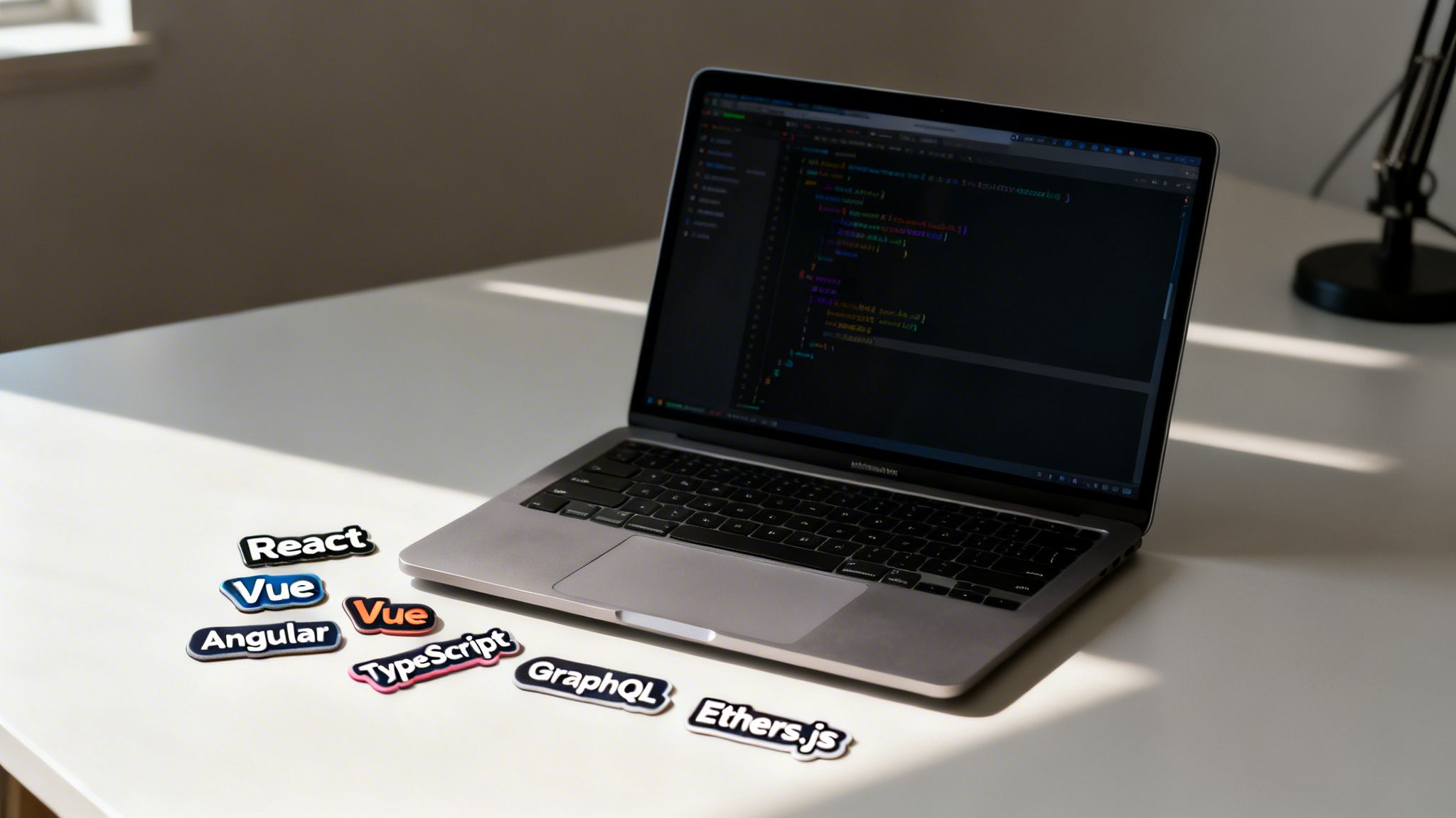 A laptop displaying code on a white desk, surrounded by various tech stickers.