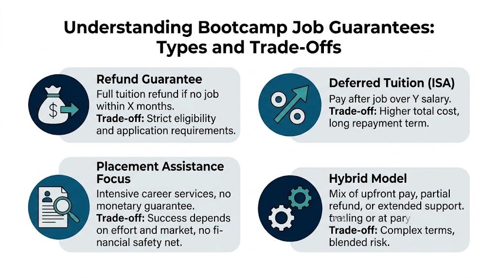 A chart explaining four types of bootcamp job guarantees: refund, deferred tuition, placement assistance, and hybrid models.