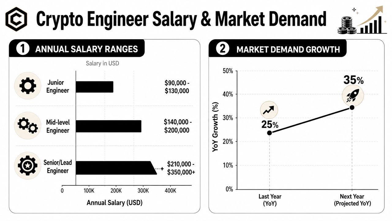 A chart detailing the annual salary ranges and market demand growth for crypto engineer jobs.