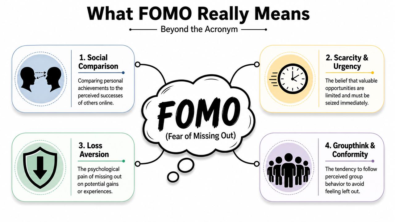 A mind map infographic explaining the four psychological components of FOMO, which stands for Fear of Missing Out.