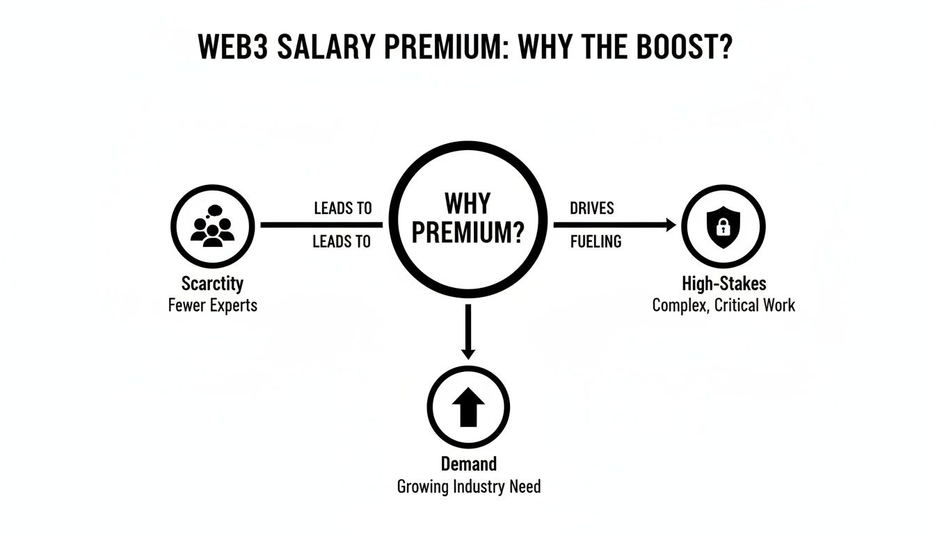 Diagram explaining Web3 salary premium reasons: scarcity of experts, high industry demand, and complex, critical work.