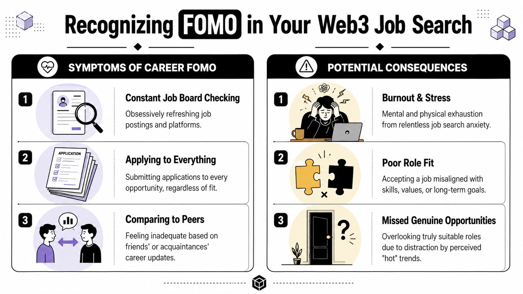 An infographic titled Recognizing FOMO in Your Web3 Job Search, detailing symptoms and consequences of career anxiety.