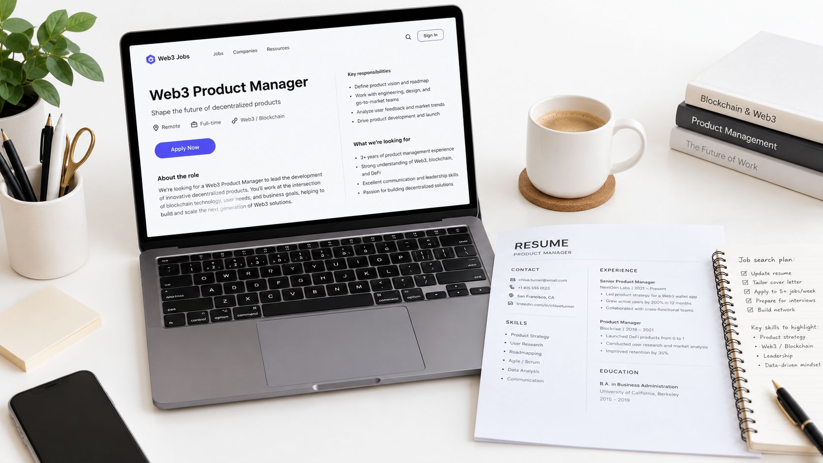 A professional workspace featuring a laptop displaying a Web3 product manager job listing next to a printed resume.