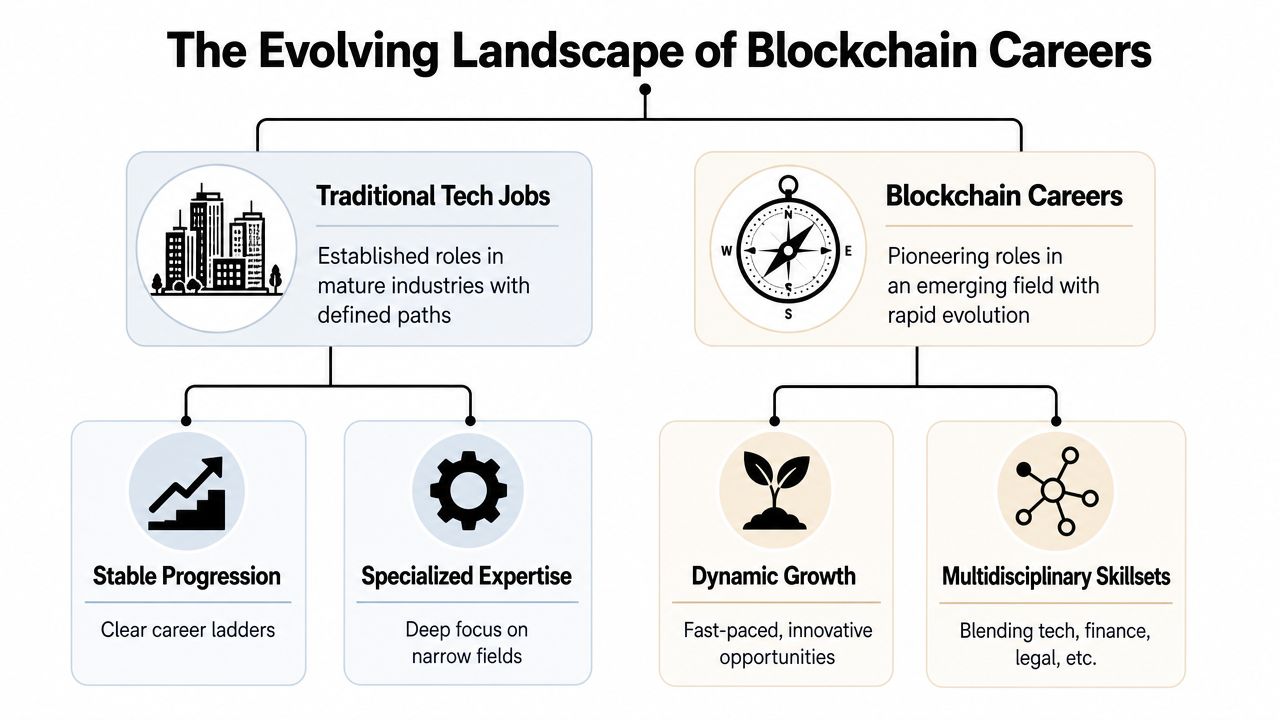 A diagram comparing traditional tech jobs and blockchain careers, highlighting their growth, stability, and skill set requirements.