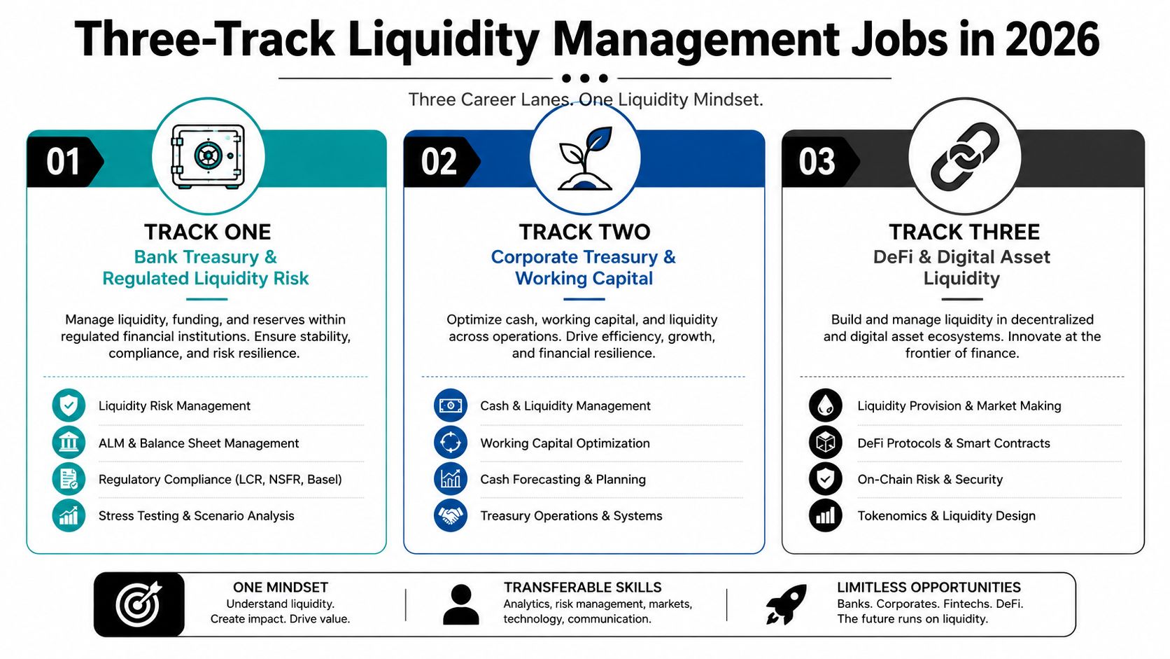 A professional infographic outlining three career tracks for liquidity management jobs in 2026, including banking, corporate, and DeFi.