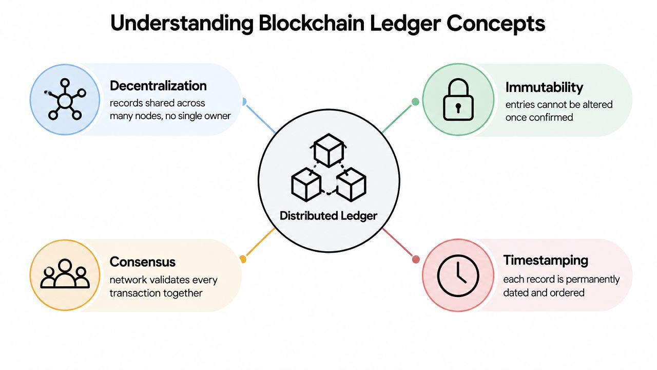 A diagram illustrating the four key concepts of a distributed blockchain ledger: decentralization, immutability, consensus, and timestamping.