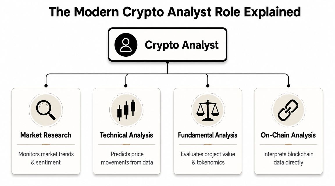 A diagram illustrating the four key core responsibilities of a modern crypto analyst professional role.