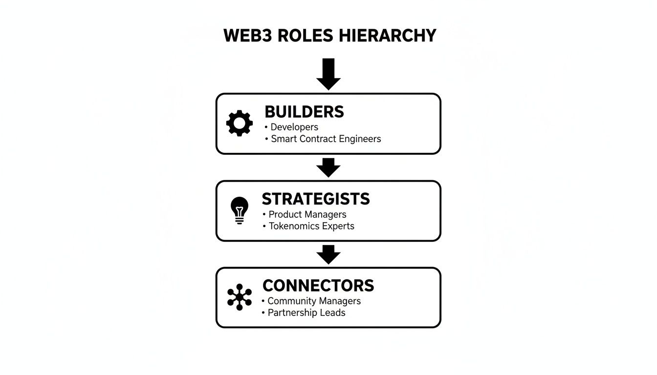 A diagram illustrating the Web3 roles hierarchy: Builders, Strategists, and Connectors with specific job titles.
