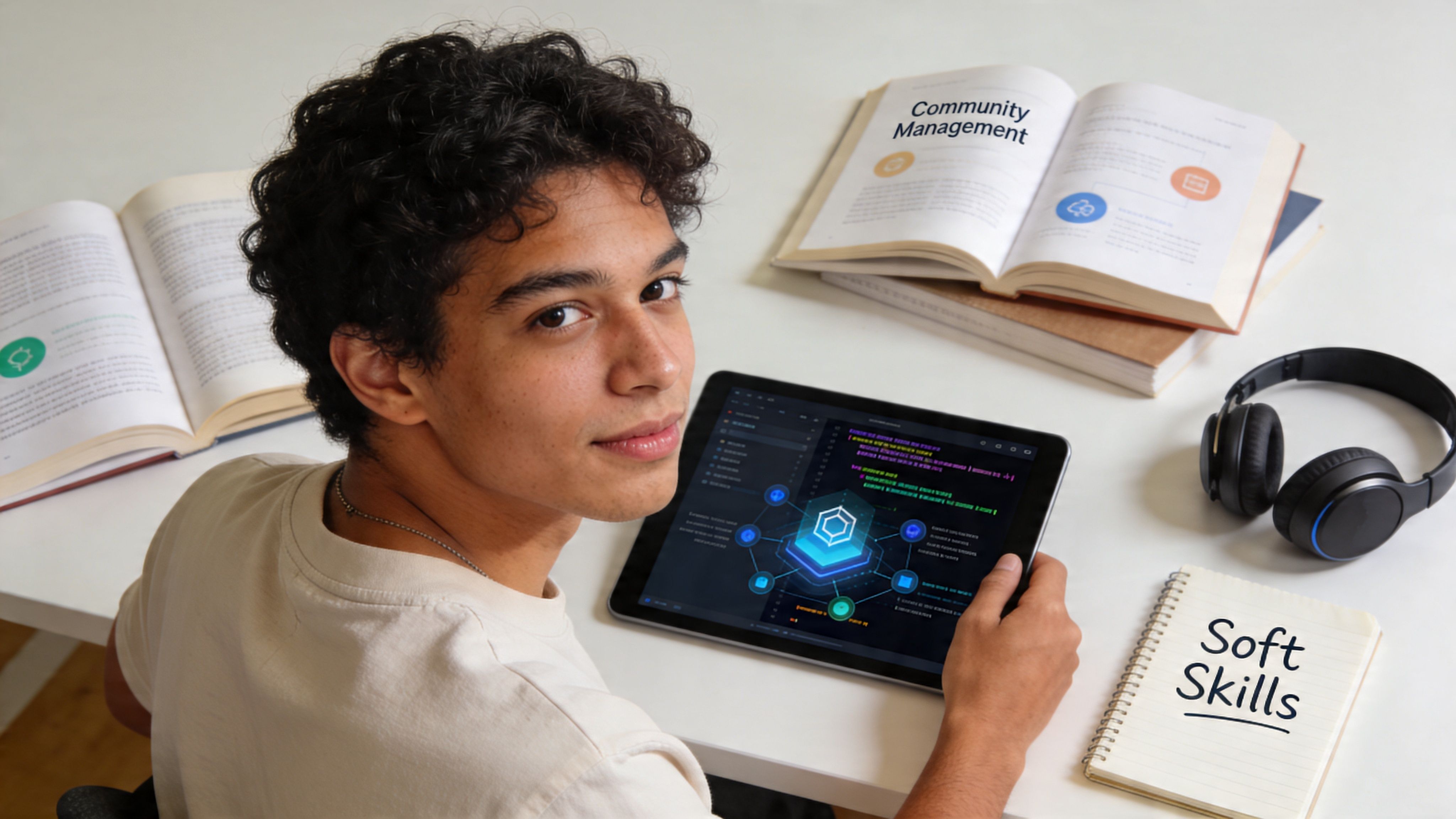 A young male student studying community management while using a digital tablet with coding visualizations on screen.