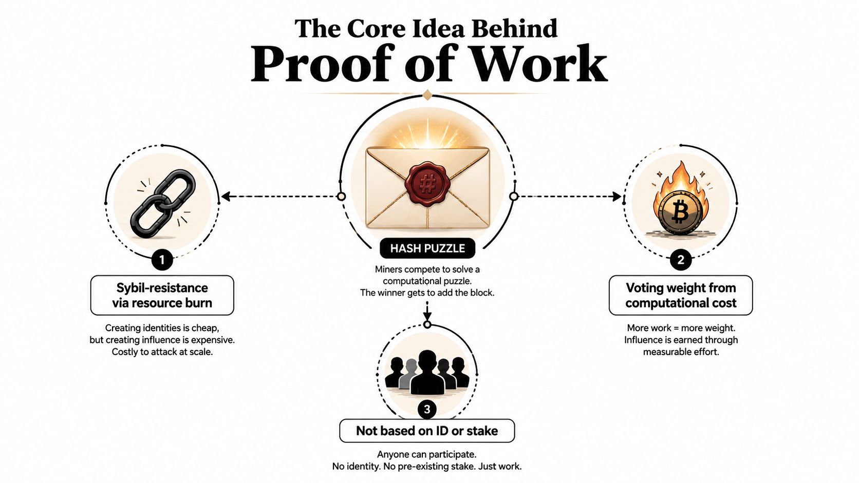 A diagram explaining Proof of Work as a mechanism for Sybil resistance, computational voting, and identity-free participation.