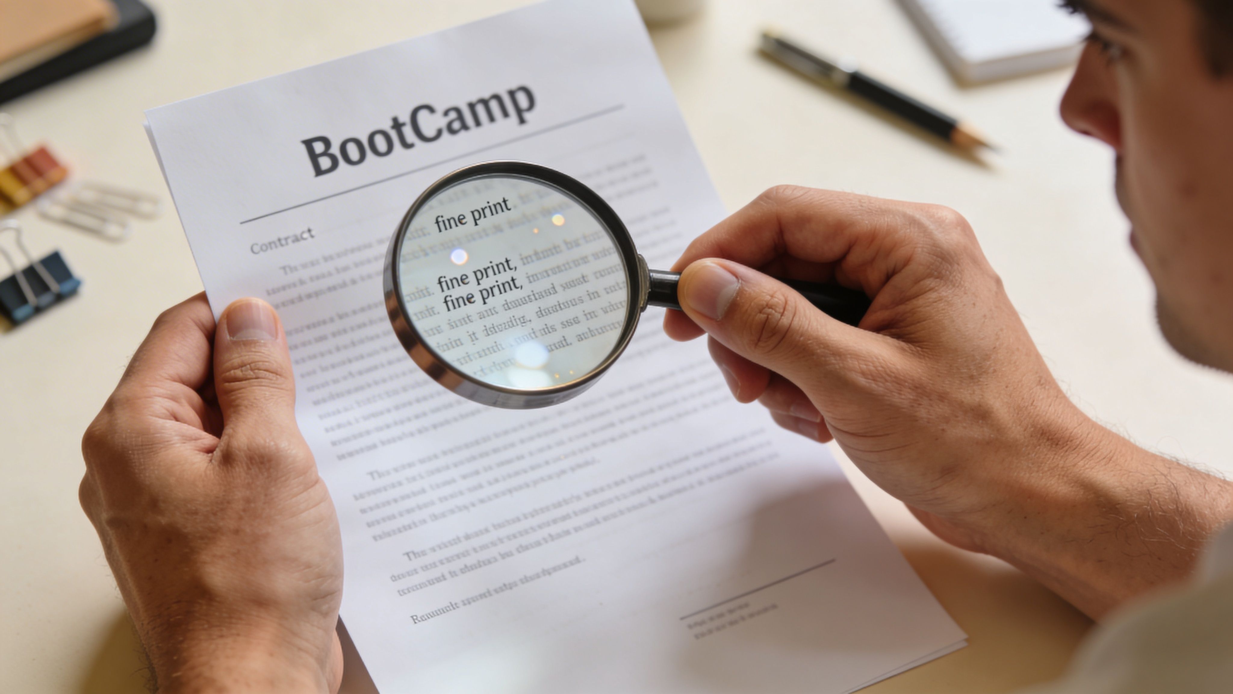A person carefully reading a bootcamp contract document using a magnifying glass to inspect the fine print.