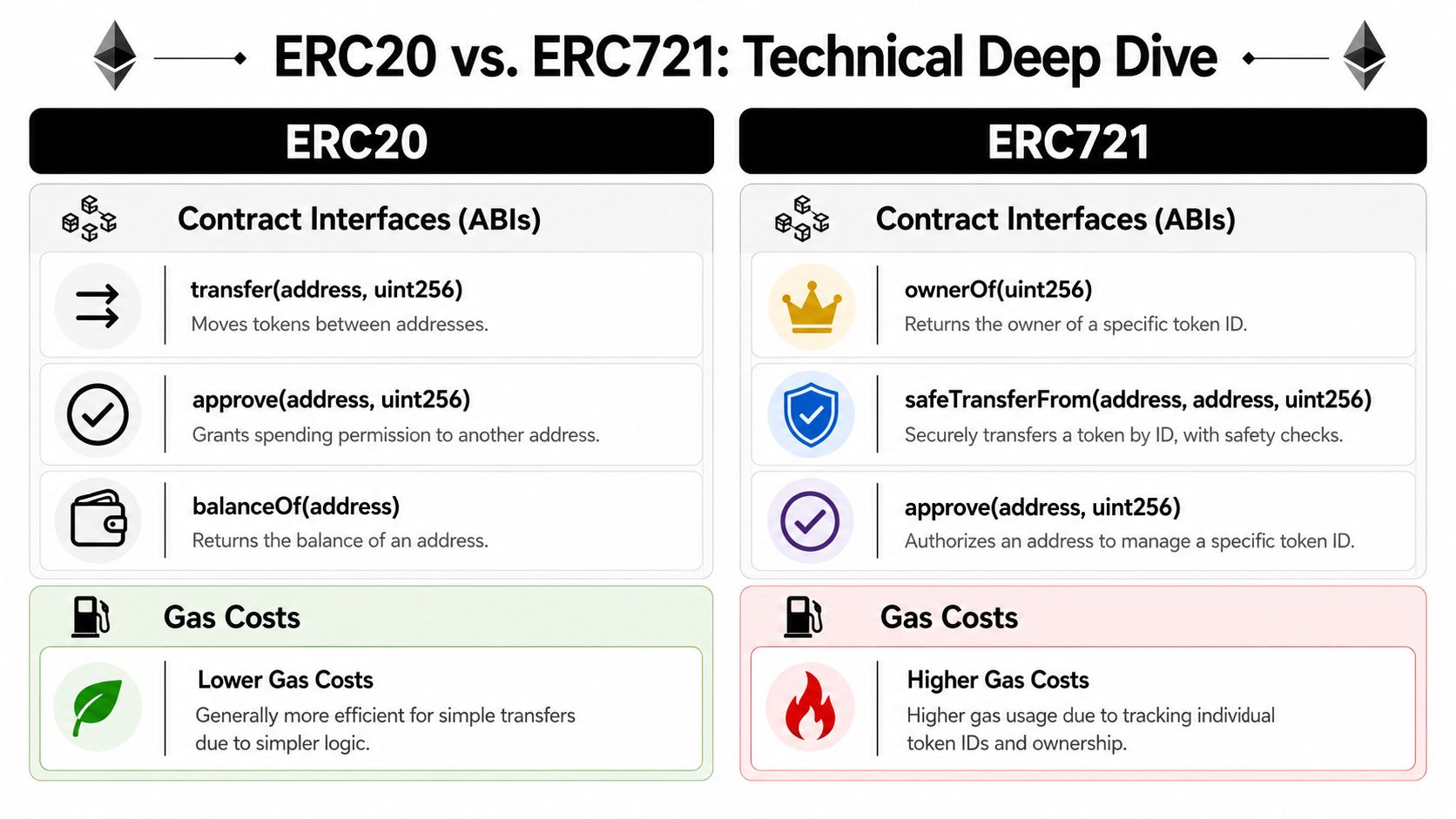 A comparison chart showing the differences between ERC20 and ERC721 Ethereum token standards in technical terms.