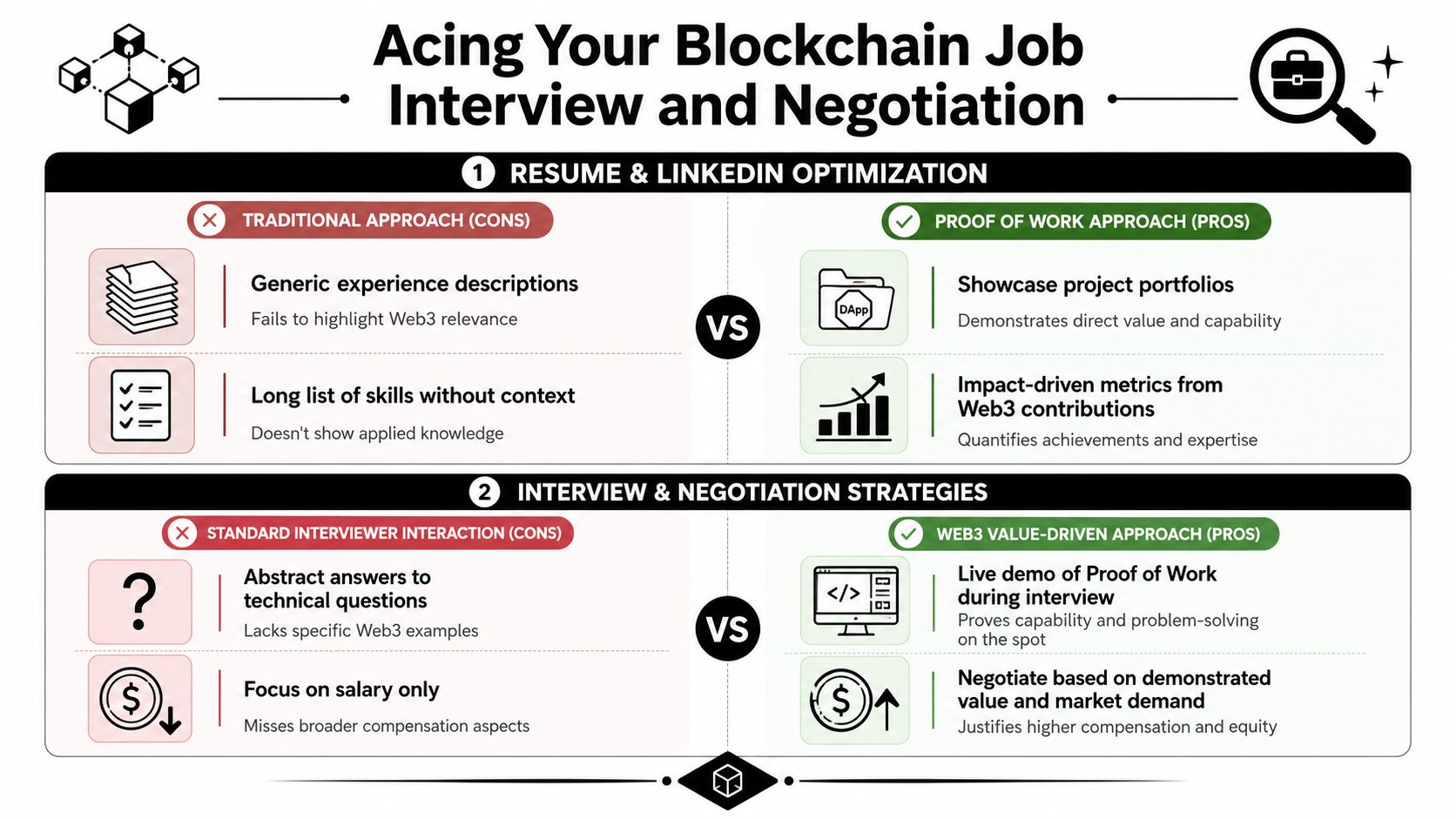 An infographic comparing traditional job hunting methods with Web3-specific approaches for blockchain career seekers and interview preparation.