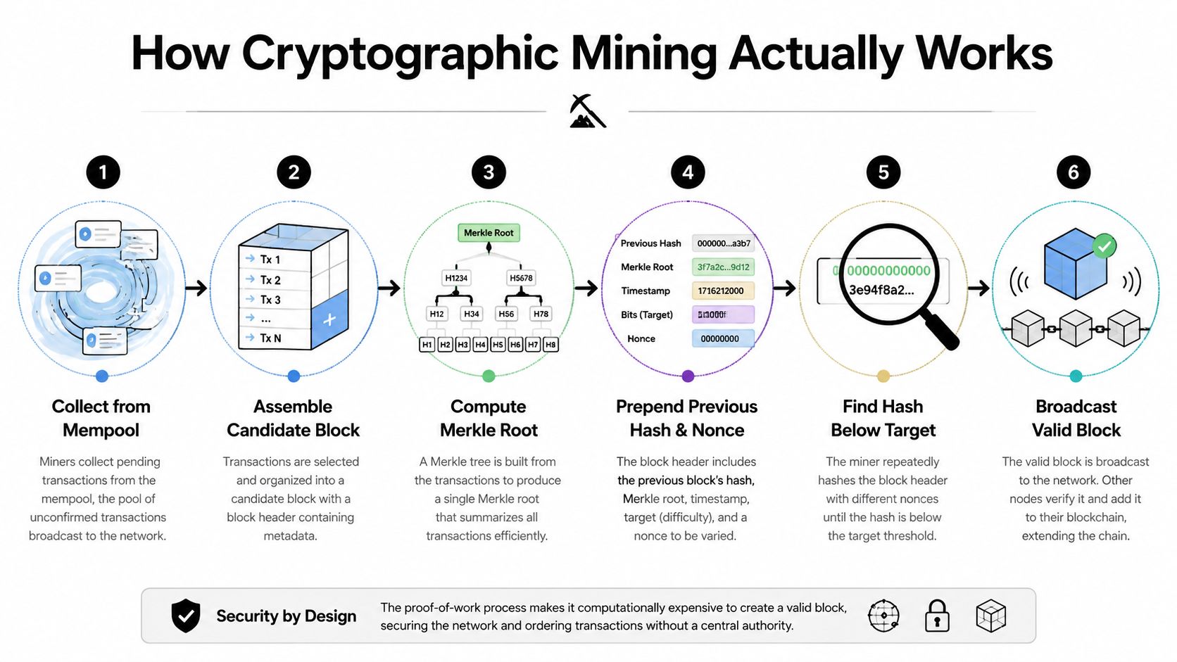 A diagram illustrating the six-step process of cryptographic mining in a blockchain network from mempool to broadcast.