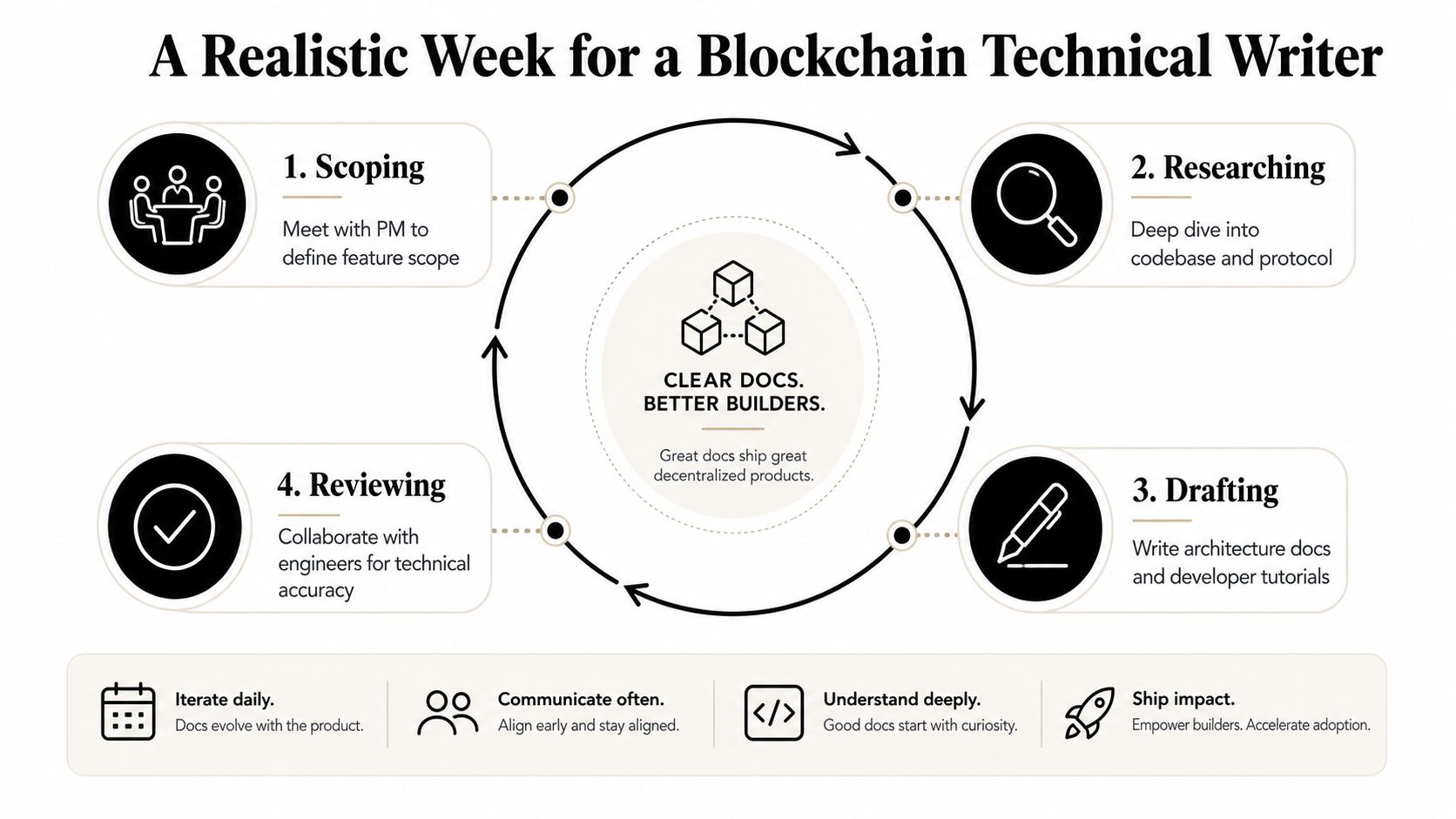 A diagram illustrating the four-step workflow for a blockchain technical writer, focusing on clear documentation and builder support.