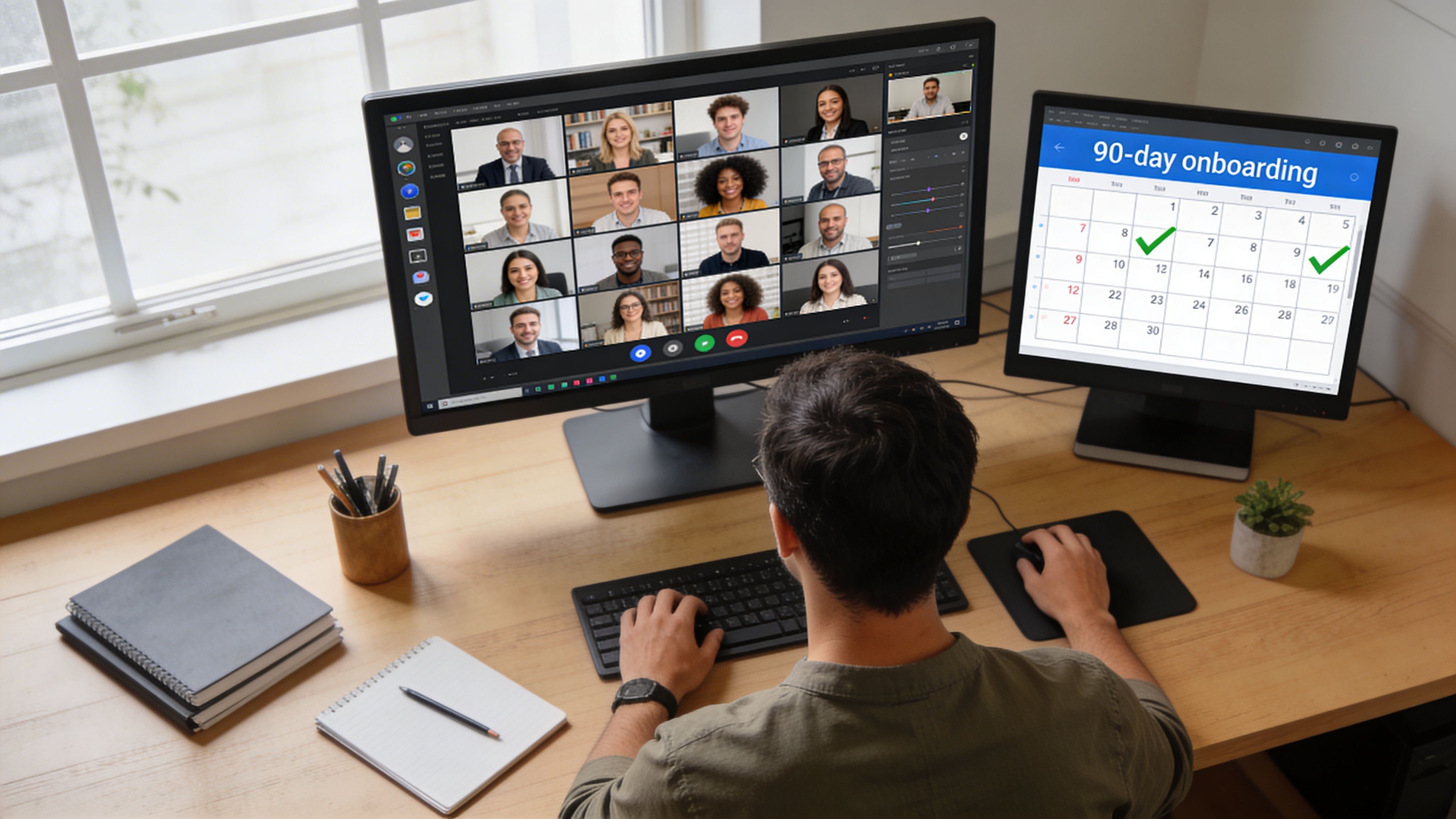 A person working from home at a desk with dual monitors during a remote video conference call.