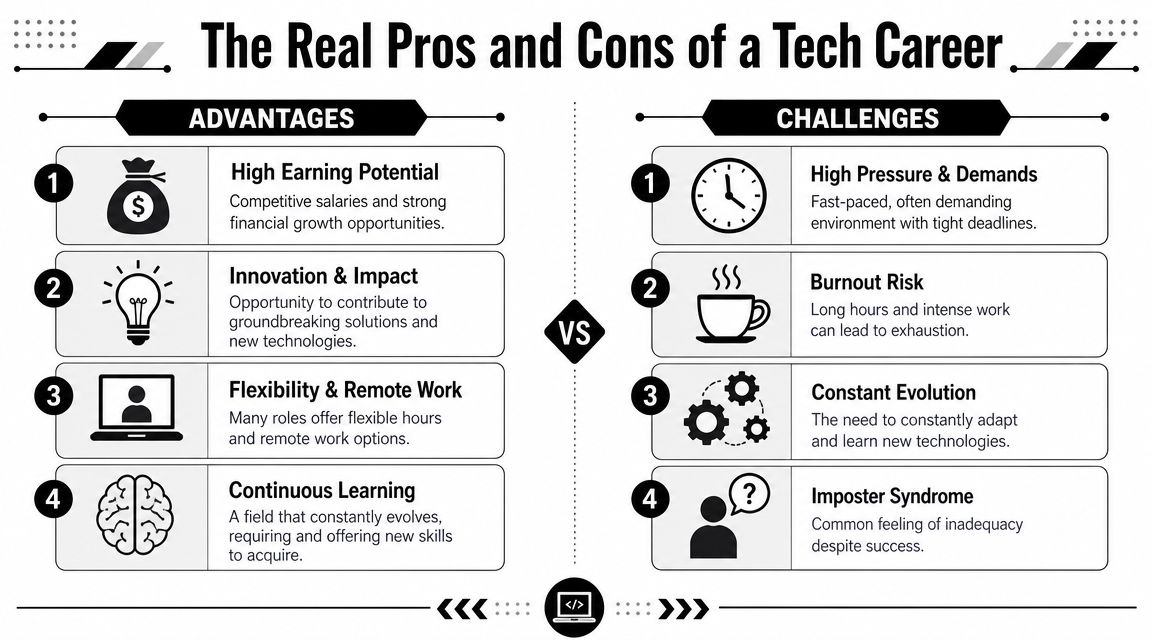 An infographic titled The Real Pros and Cons of a Tech Career comparing advantages and challenges.
