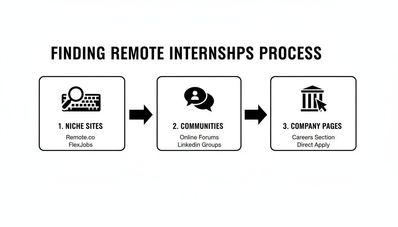 A three-step infographic outlining the process for finding remote internships, including niche sites, online communities, and company pages.