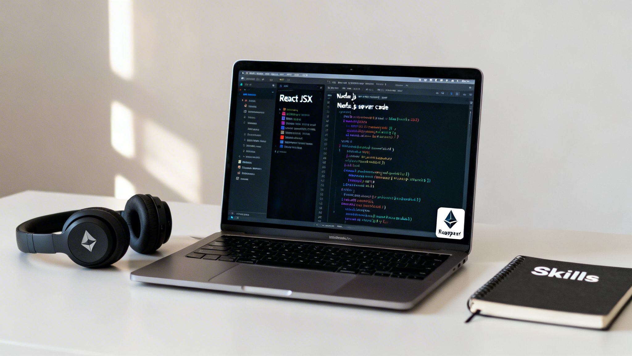 A clean desk setup with a laptop displaying code, black headphones, and a 'Skills' notebook.
