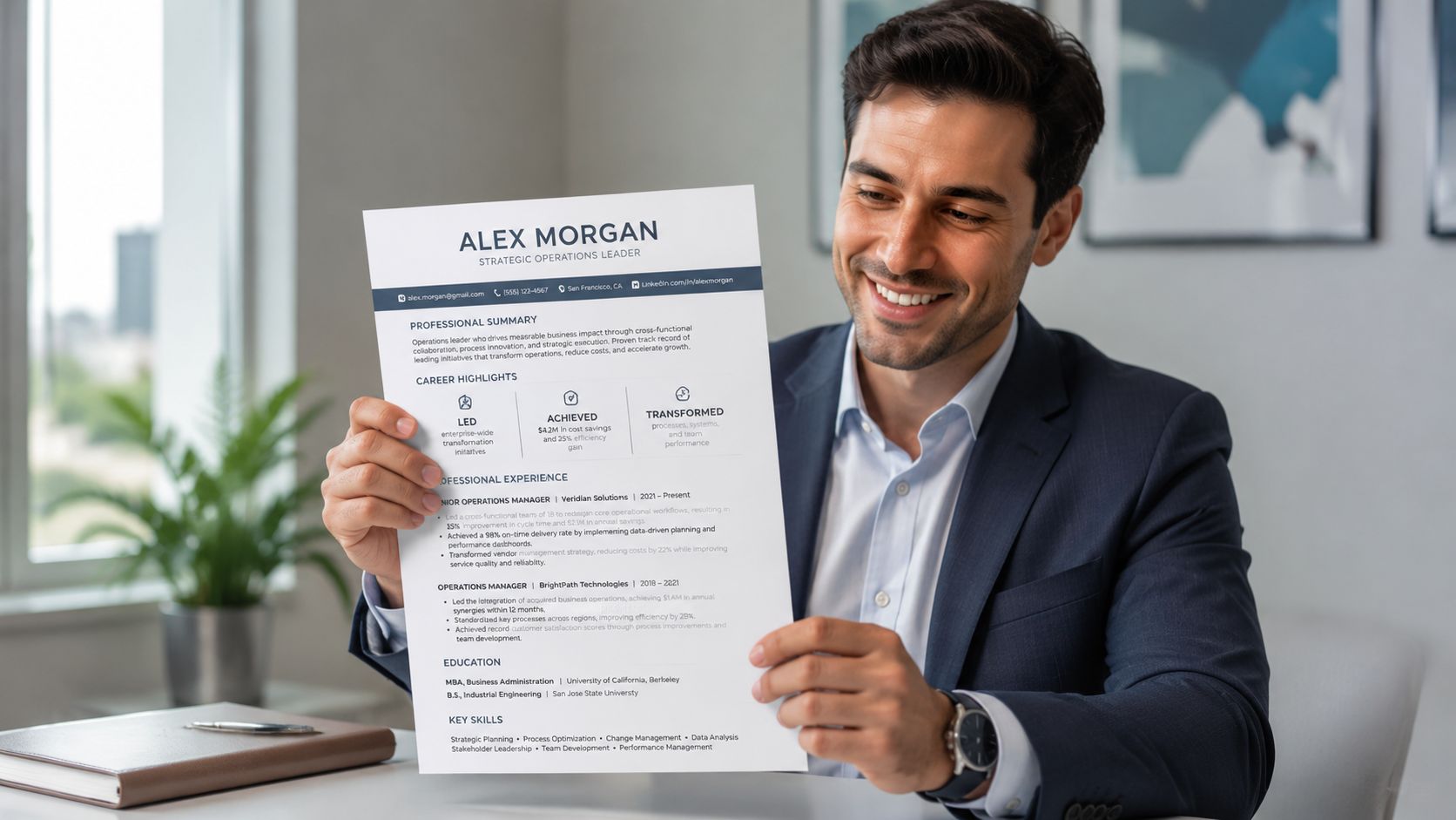 A professional man in a suit holding a resume document while smiling at an office desk.