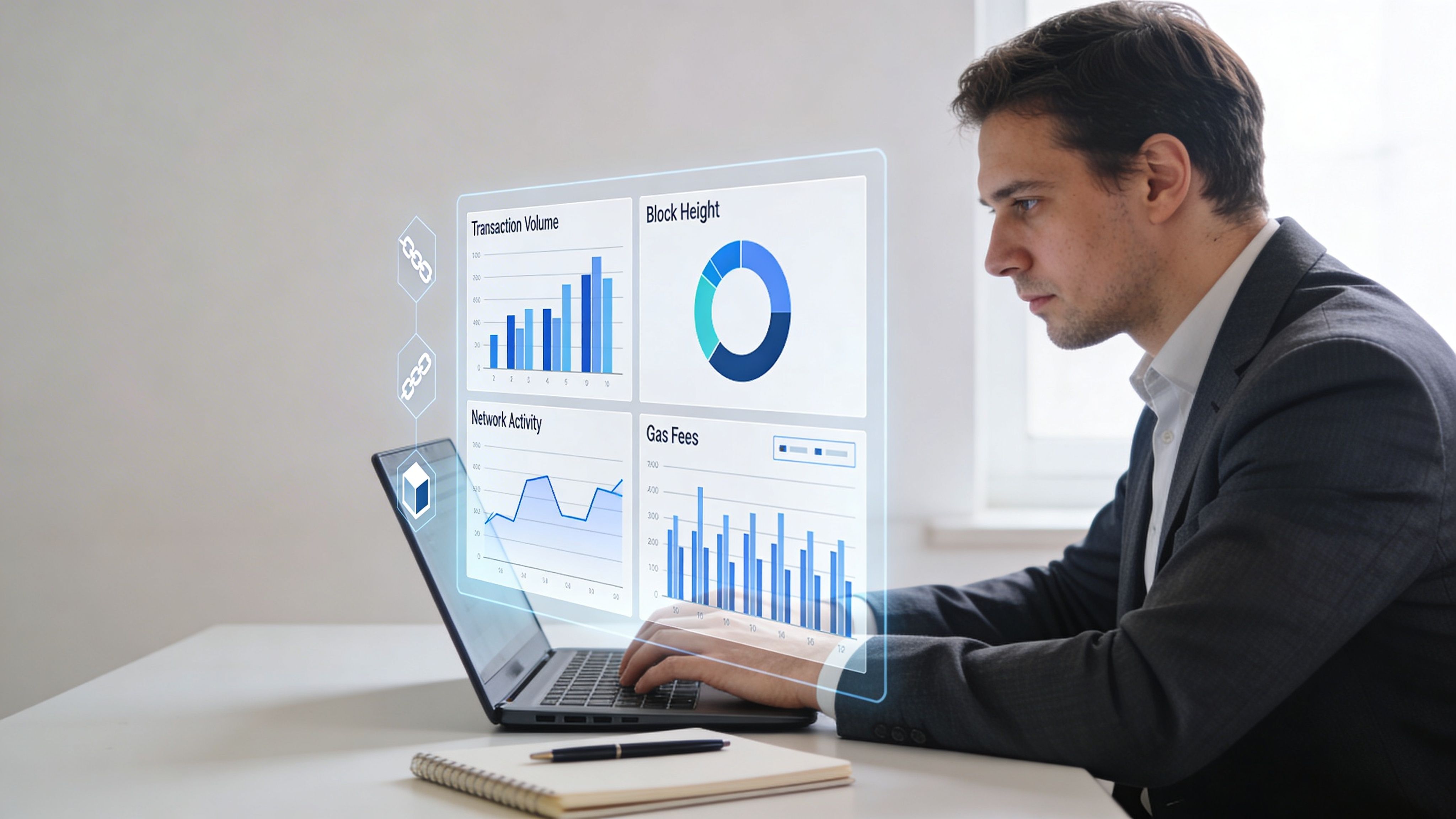 A professional man in a suit analyzing digital blockchain financial data and charts on his laptop screen.
