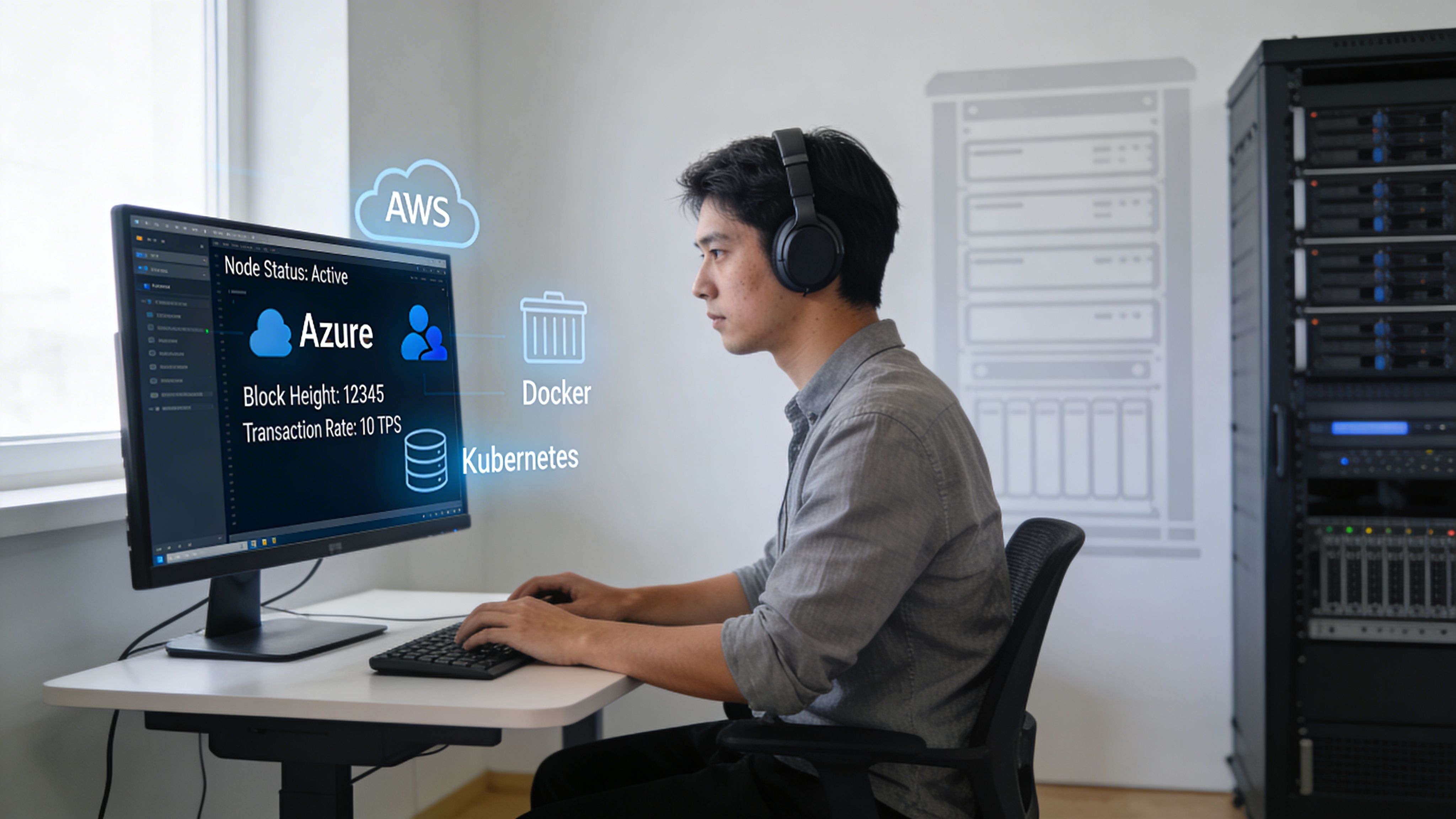 A young professional working on cloud infrastructure and blockchain monitoring on a computer in a modern office.
