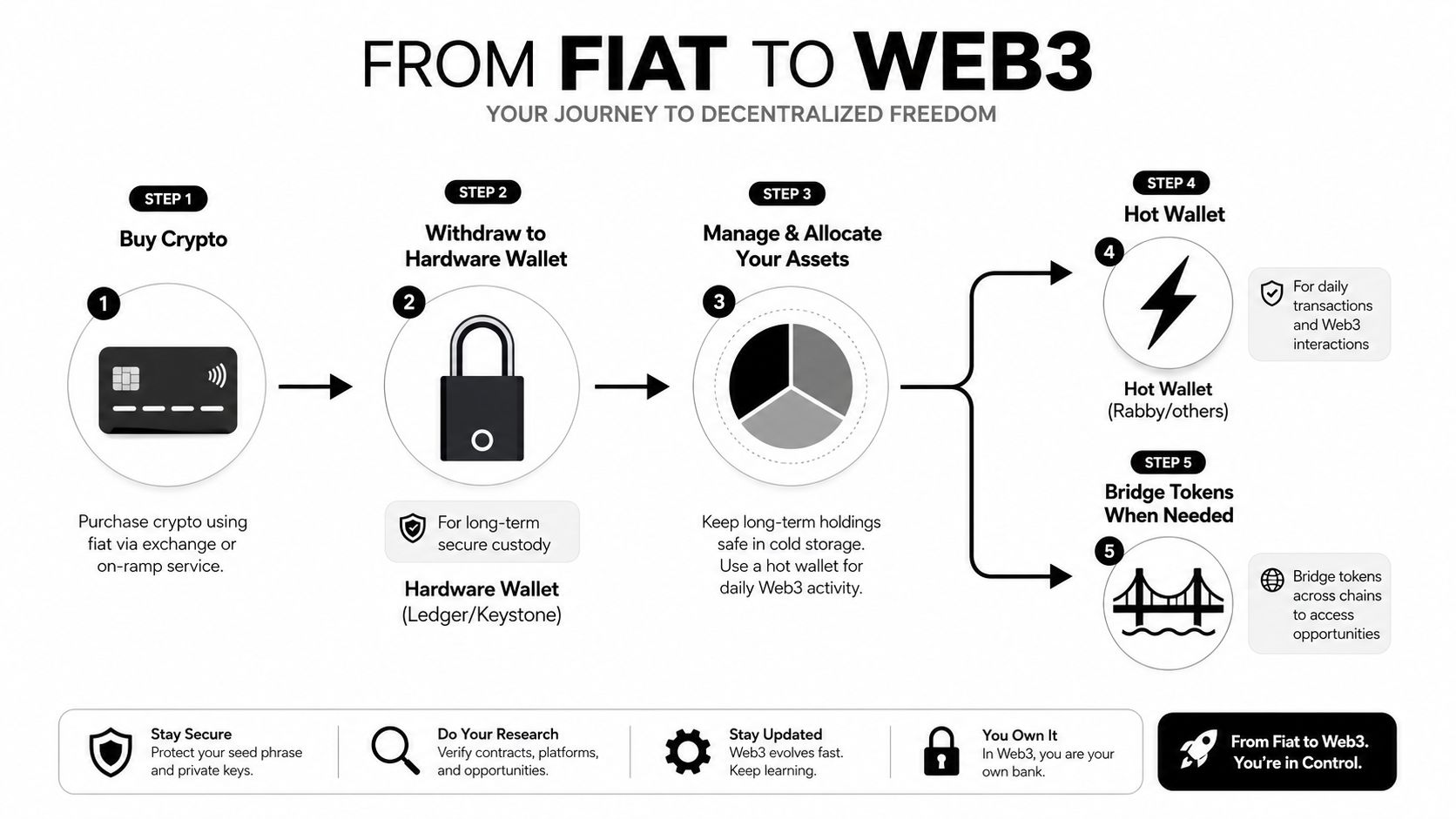 An infographic illustrating the five steps to transition from fiat currency to managing assets in Web3.