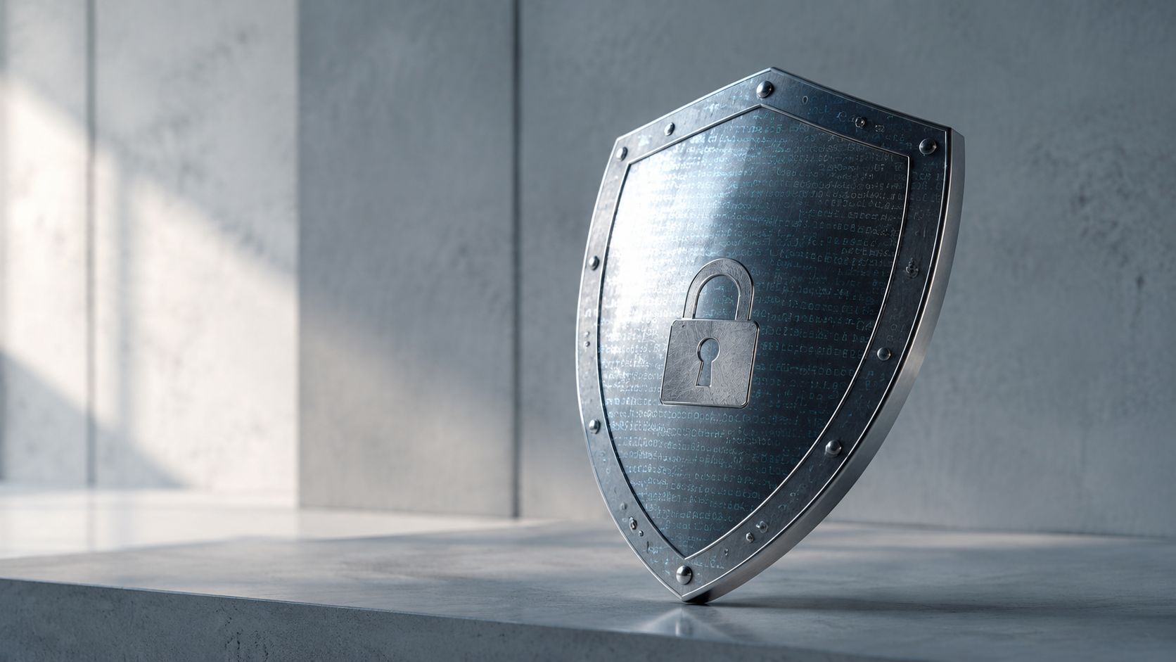 A metallic shield with an embedded padlock symbol standing on a concrete surface against a minimalist wall.