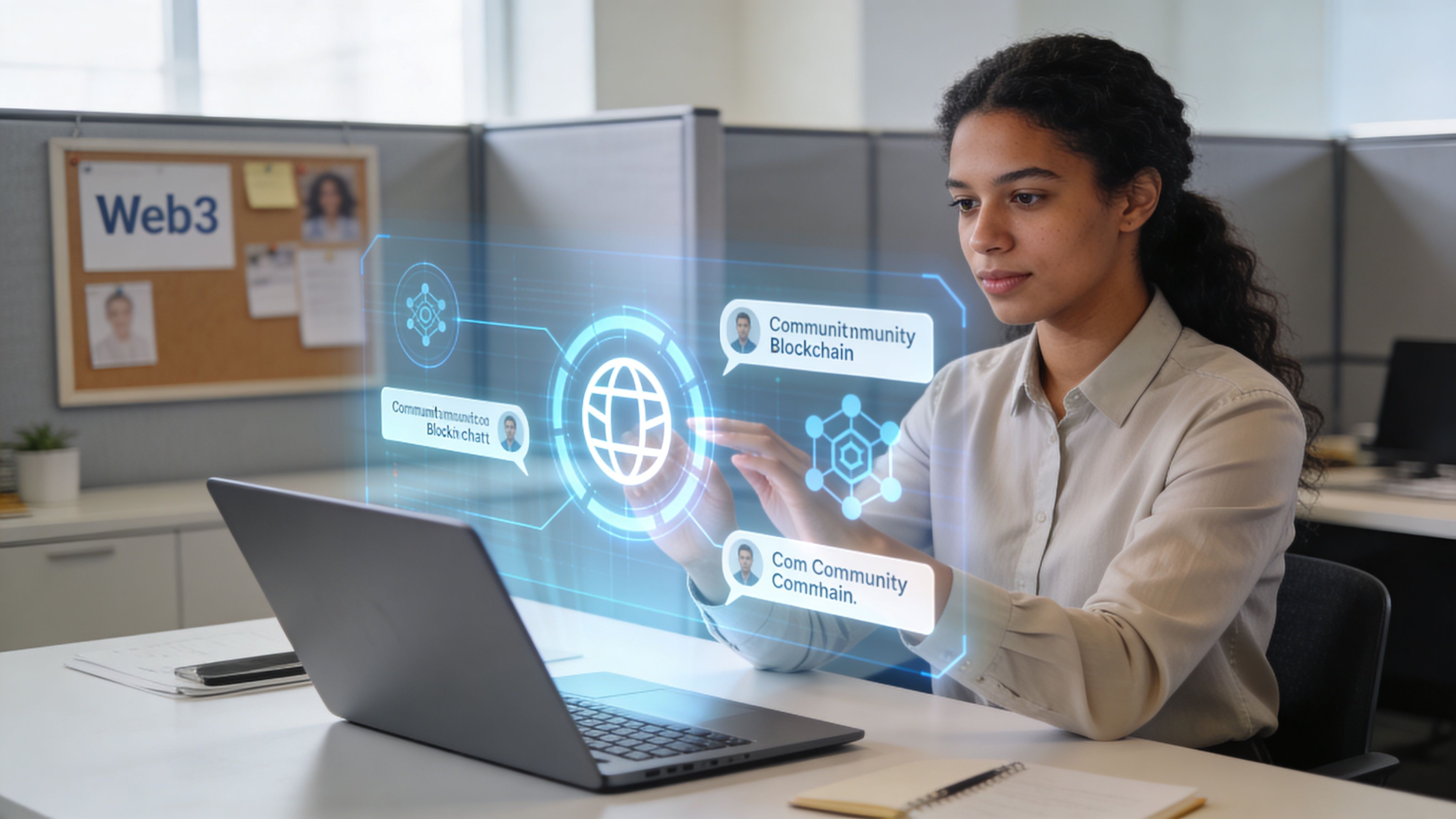 A professional young woman interacting with a futuristic digital holographic interface about community blockchain technologies in office.