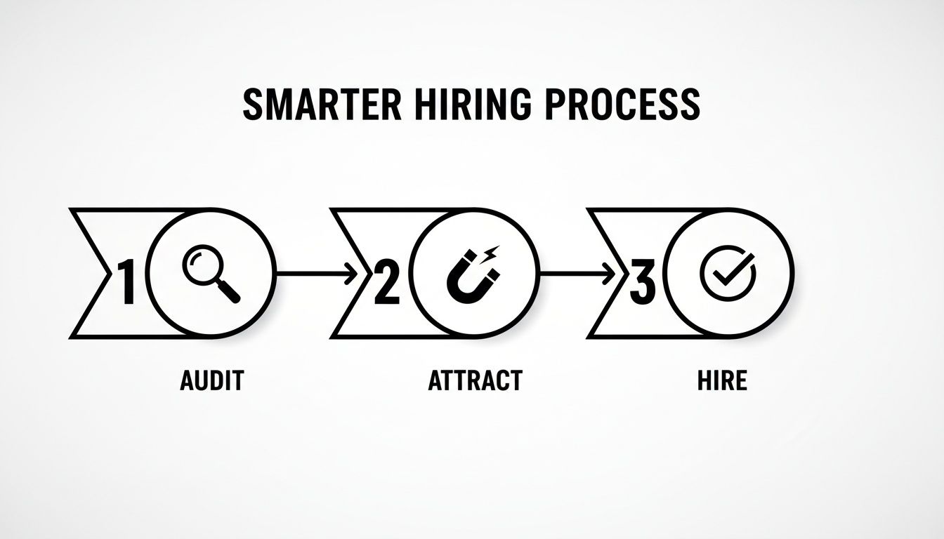 A three-step diagram illustrates a smarter hiring process, including Audit, Attract, and Hire.
