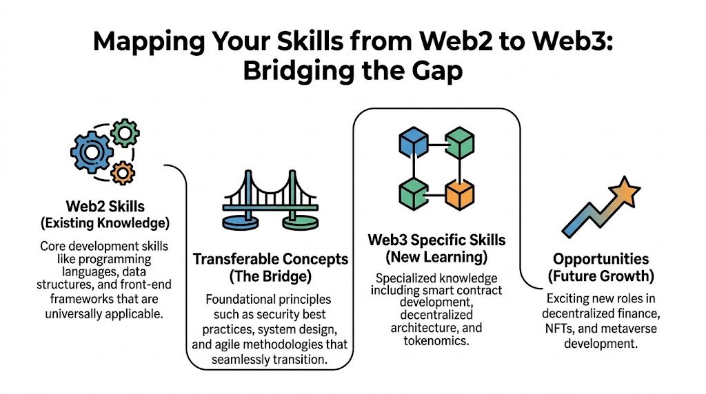 A diagram illustrating how web developers can map their existing technical skills to web3 opportunities.