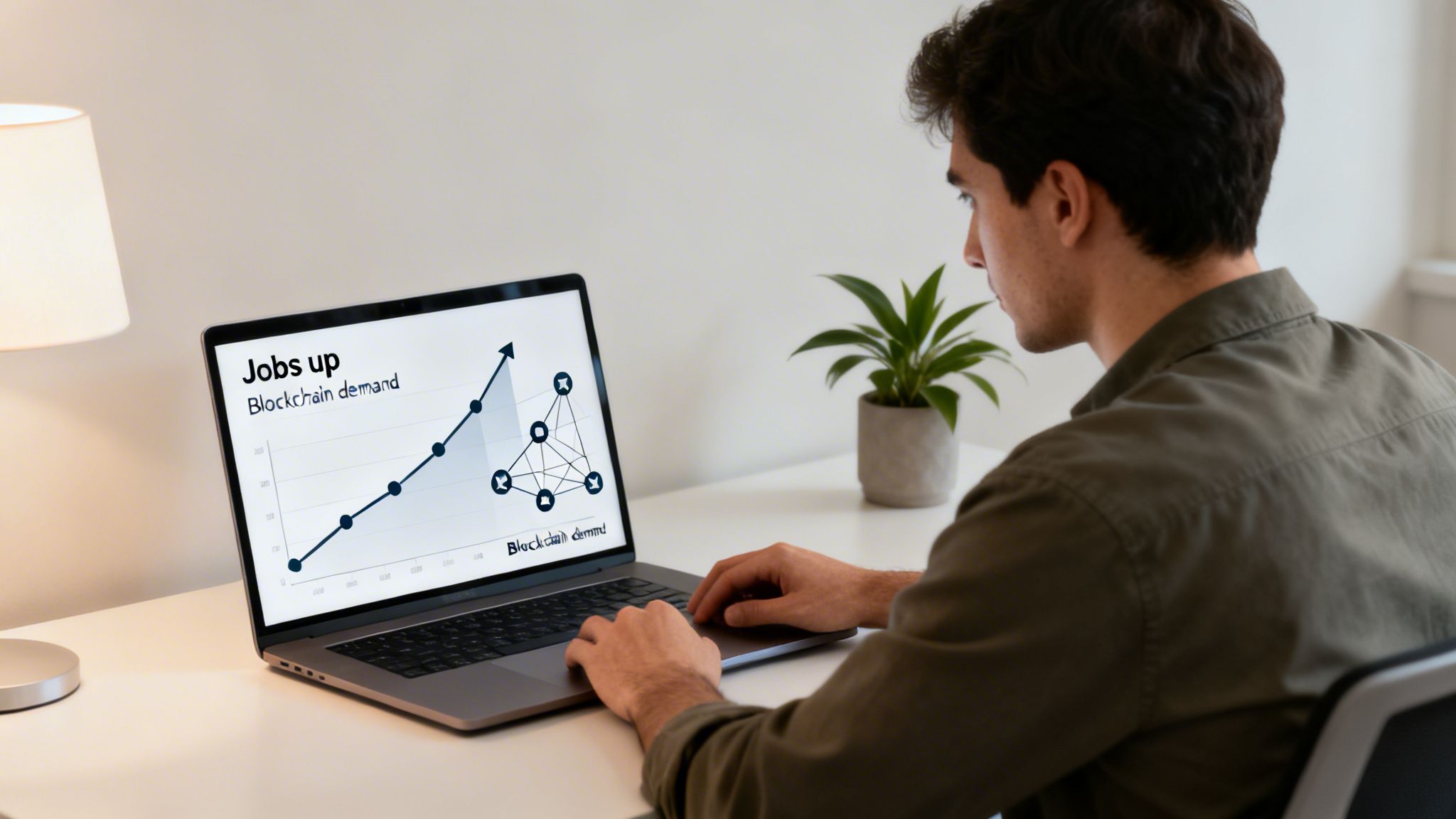 Young man viewing a laptop displaying a graph of increasing blockchain job demand.