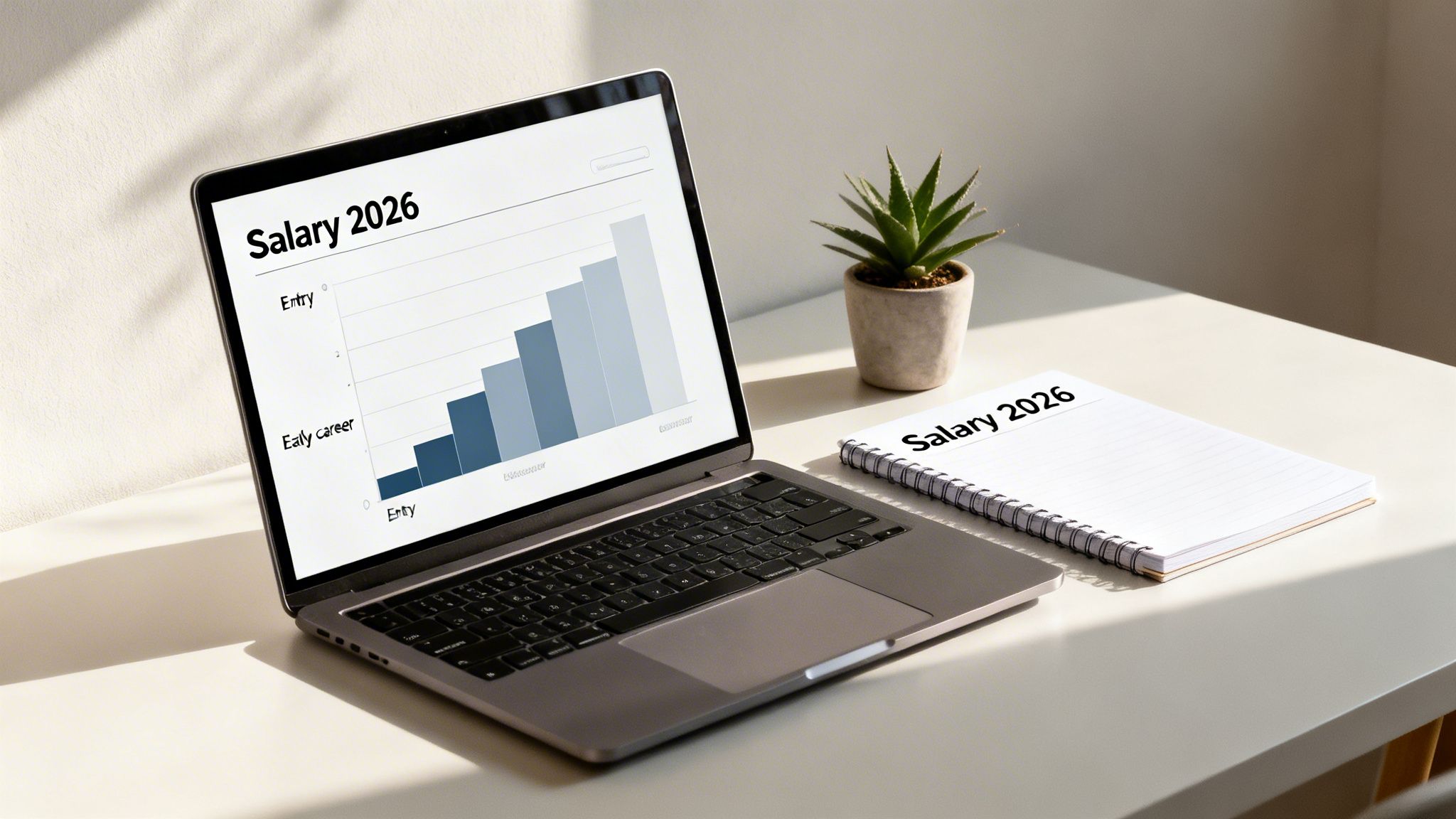 A laptop and notebook on a desk displaying 'Salary 2026' with a bar graph showing salary progression.