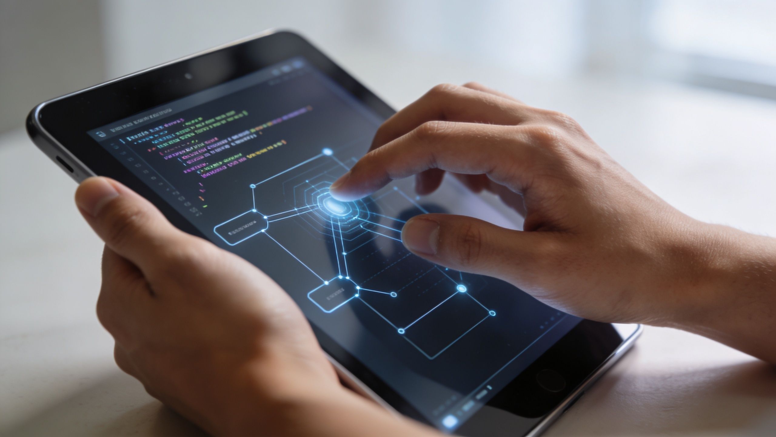 A person interacting with a digital network visualization on a tablet screen, symbolizing technological connectivity and development.