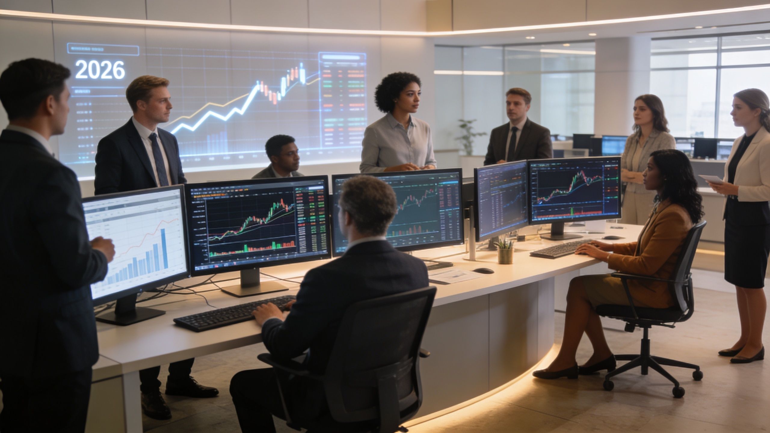 A professional team of financial analysts working together in a modern office with stock market charts displayed.