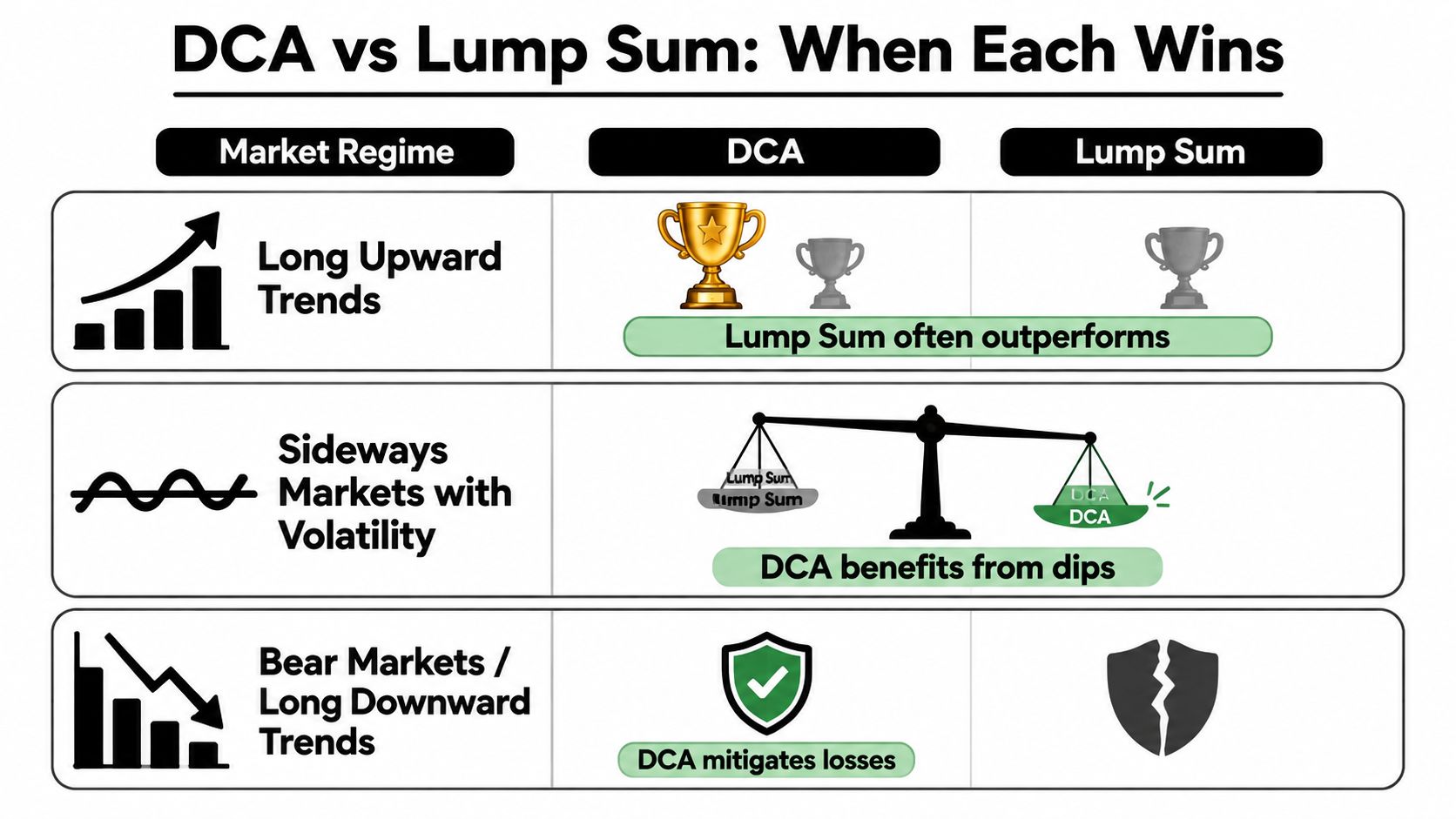 A comparison chart showing how Dollar Cost Averaging and Lump Sum investing perform in different market conditions.