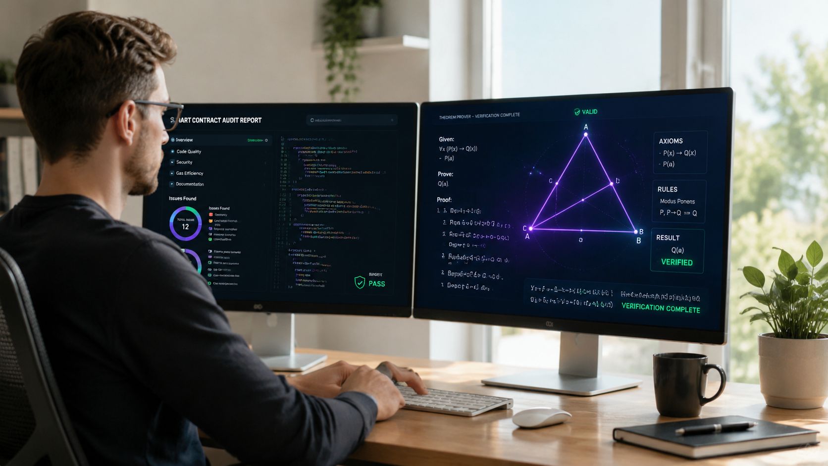 A professional developer sitting at a desk working on smart contract formal verification using two computer monitors.