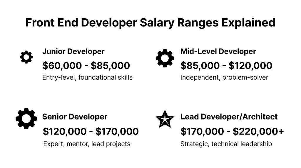 A chart showing the annual salary ranges for junior, mid-level, senior, and lead front end developers.