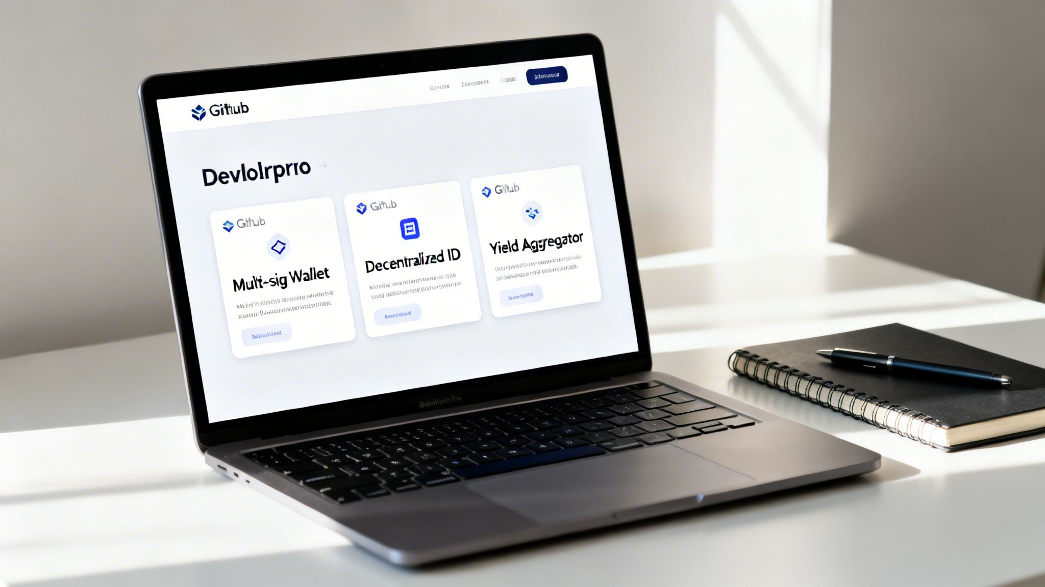 Laptop displaying a GitHub webpage featuring 'Multi-sig Wallet', 'Decentralized ID', and 'Yield Aggregator', with a notebook and pen.