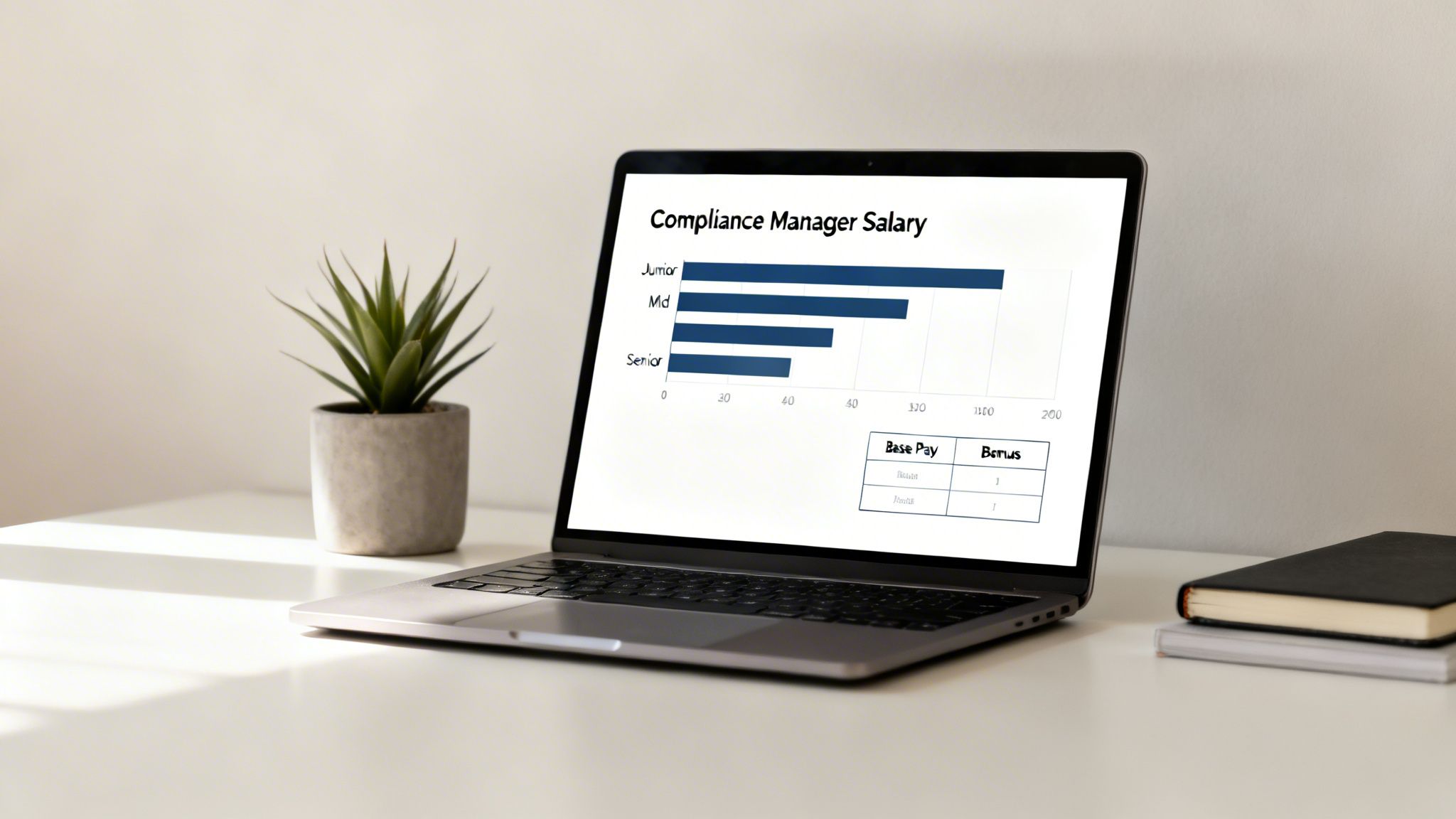 A laptop on a desk displays a bar chart showing compliance manager salaries for different experience levels.