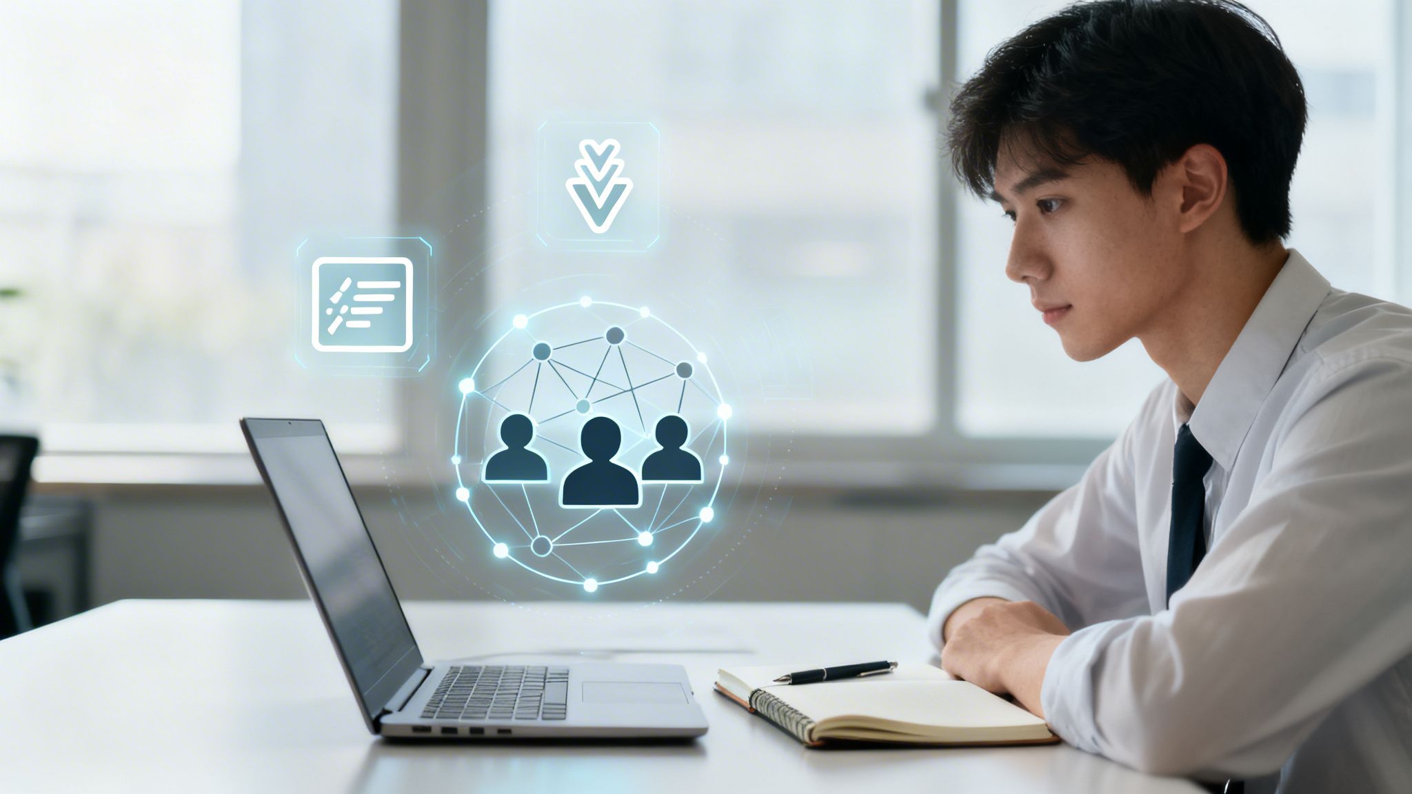 Young Asian businessman looking at laptop with holographic business and networking icons floating above.