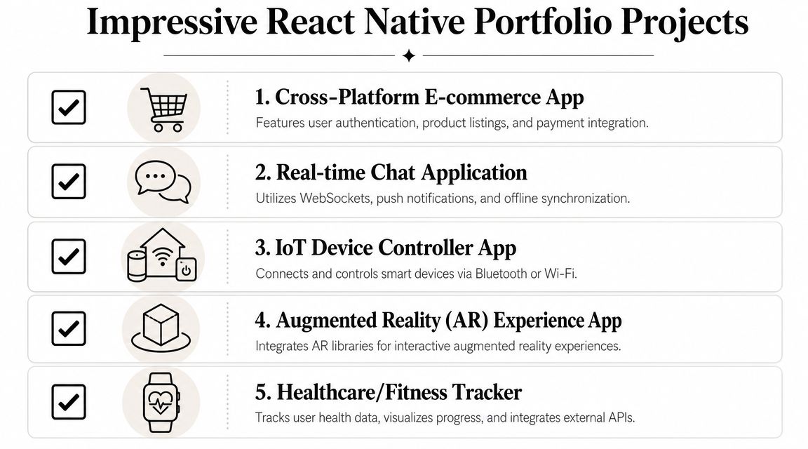 A list of five impressive React Native portfolio project ideas for developers to build and showcase.