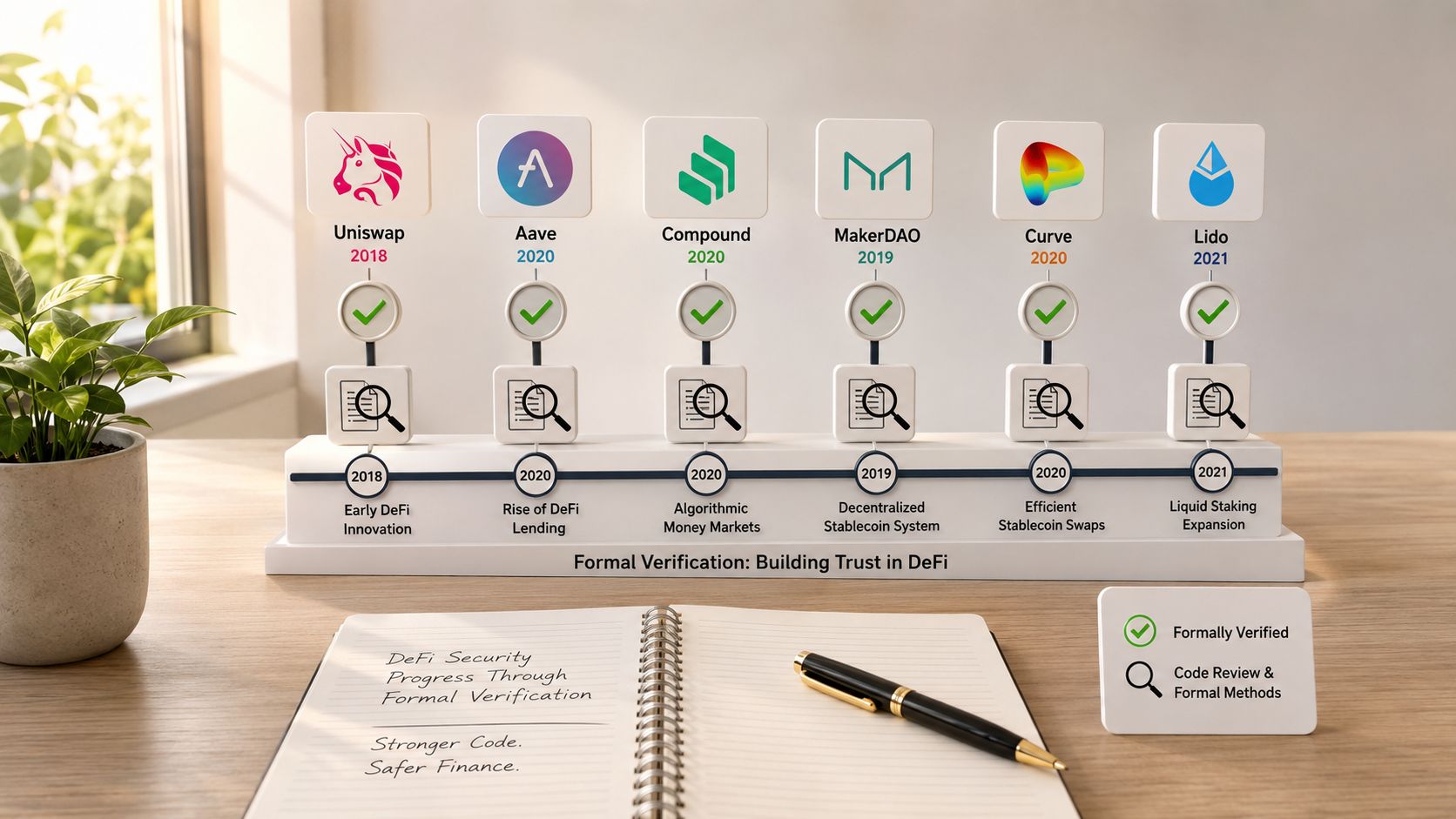 An educational display showing a timeline of major DeFi protocols and their focus on formal verification security.
